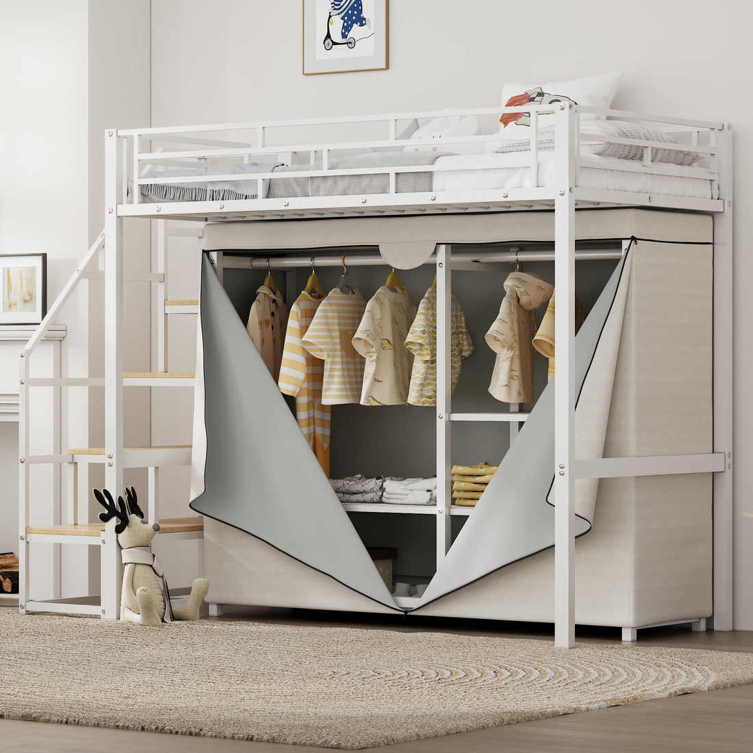 Twin Size Metal Loft Bed With Wardrobe And Storage Shelves, White Box Spring Not Required Twin White Metal Mdf Metal