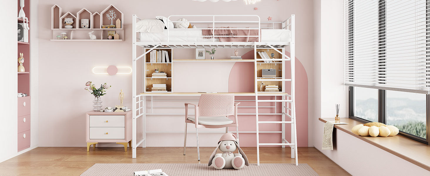 Twin Size Loft Bed With Desk And Shelfloft Bed With Ladder,Twin,White Twin White Metal