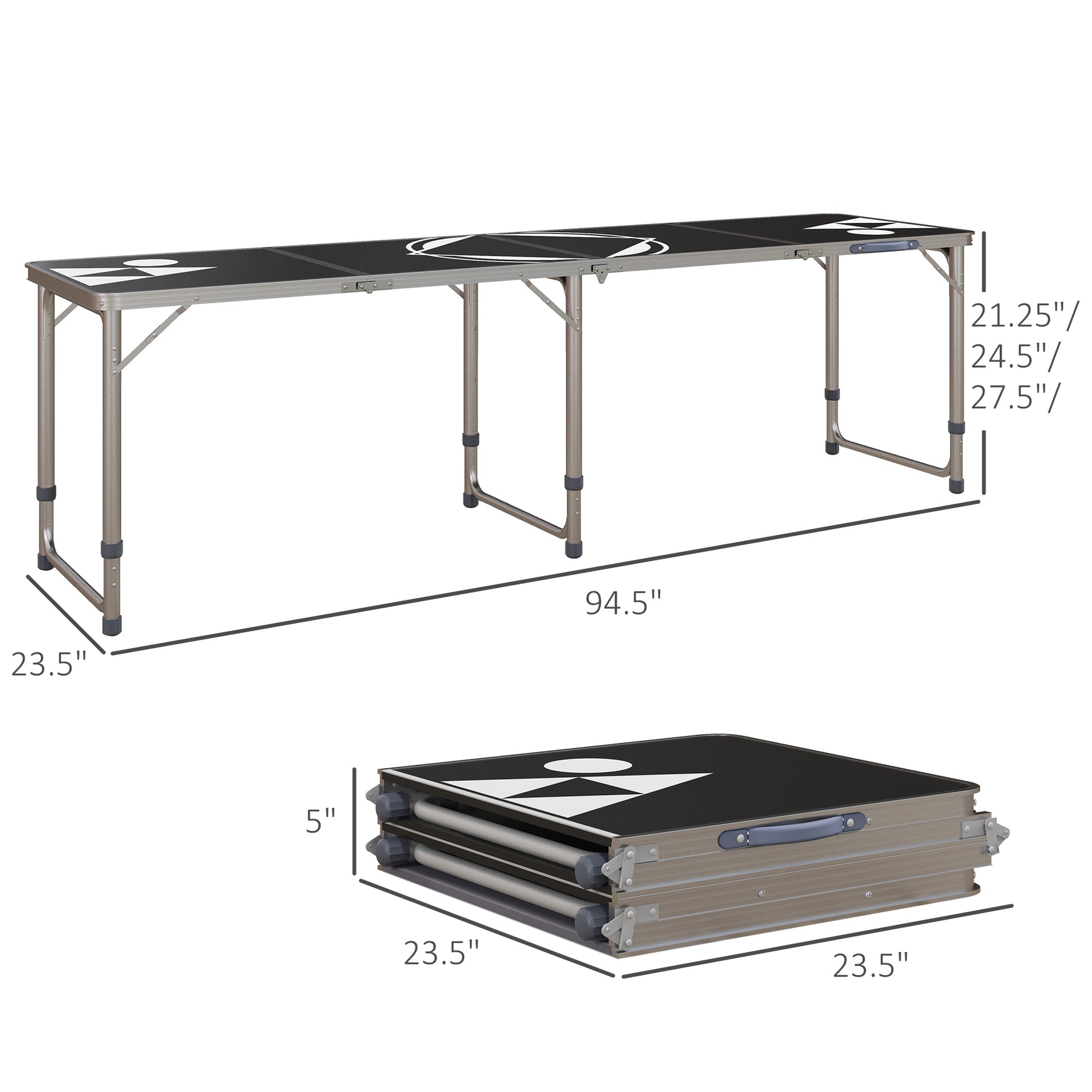 Outsunny 8Ft Portable Beer Pong Table With Adjustable Legs, Folding Camping Table, Aluminum Picnic Table, For Party, Travel, Bbq, Beach, Black And White Black Aluminum