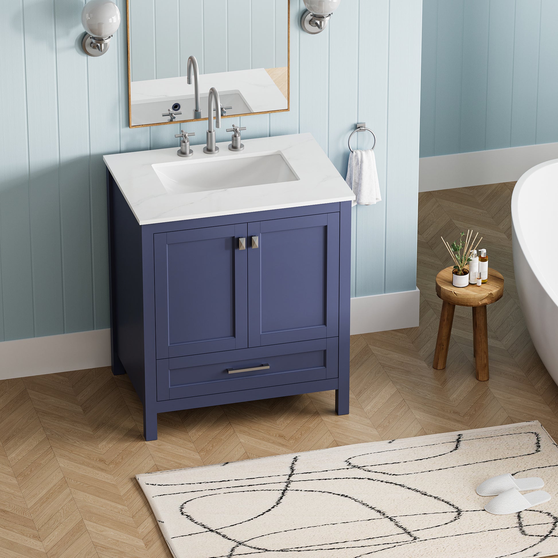 30 Inch Freestanding Bathroom Vanity With Sink, Carrara Engineered Marble Vanity Top With Undermounted Rectangular Ceramic Sink, Large Storage Soft Close Door, Navy Blue 24V03 30Nb Navy Blue Wood