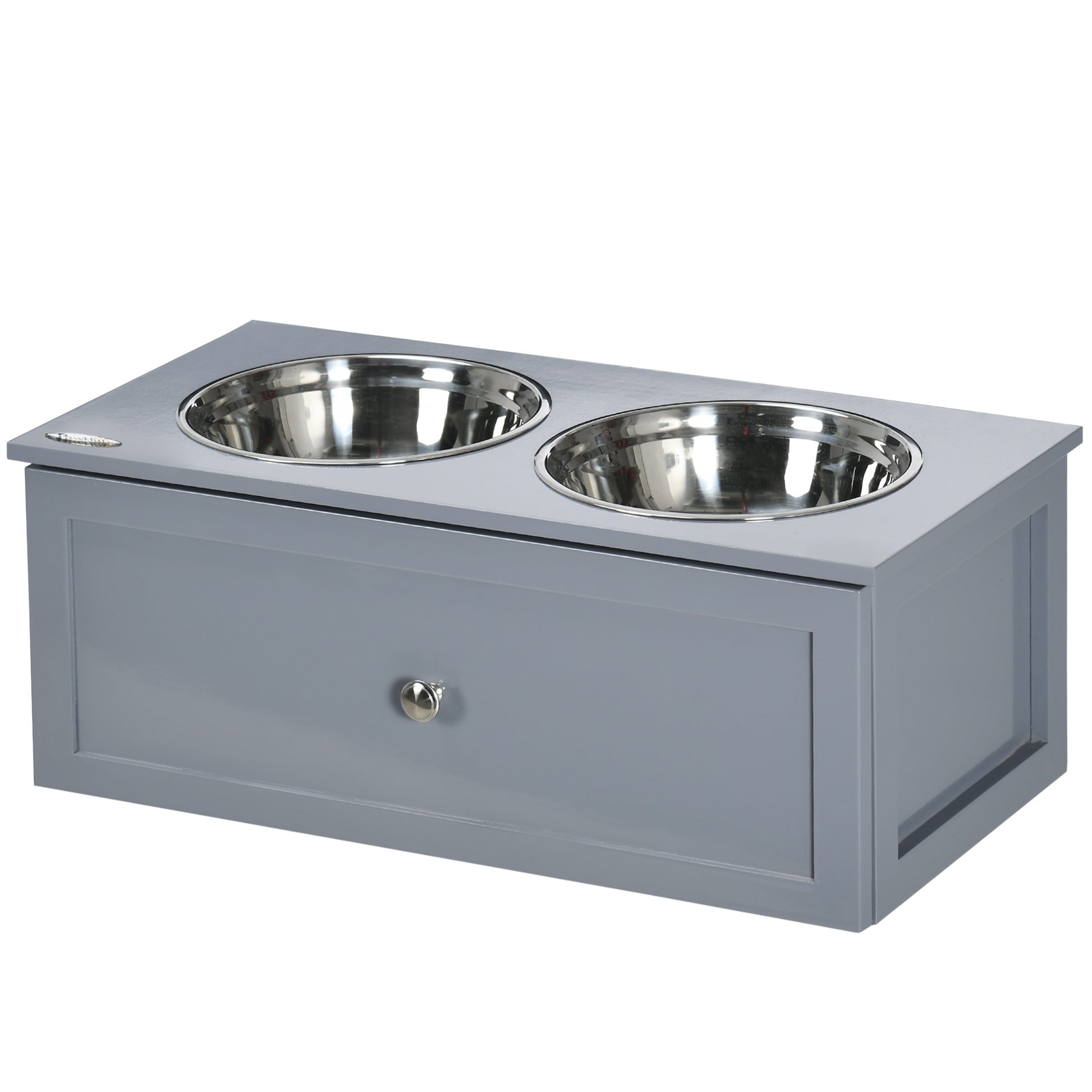 Pawhut Elevated Dog Bowls, Raised Dog Bowl Stand With Storage, 2 Stainless Steel Bowls, Pet Feeding Station For Medium Dogs, Indoor Use, 23.6" X 11.8" X 9.4", Gray Grey Stainless Steel