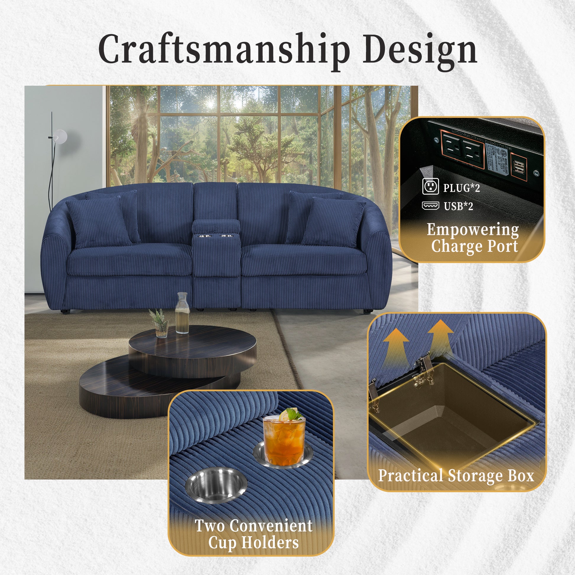 United We Win Corduroy Fabric, Two Cup Holders, Storage, Oversized Two Seat, Solid Wood Frame, High Quality Sponge Filling, Curved Placement Sofa Navy Corduroy 2 Seat