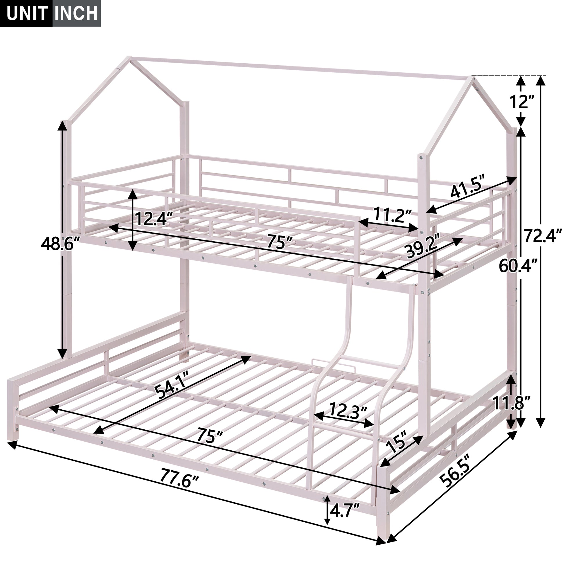 Metal House Bunk Bed, Twin Over Full, Pink Full Pink Metal