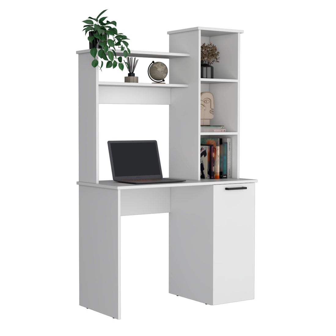 Muncy Computer Desk With Large Work Surface, Hutch Storage And Single Door Cabinet With 3 Tier Shelves, Black White Particle Board Particle Board