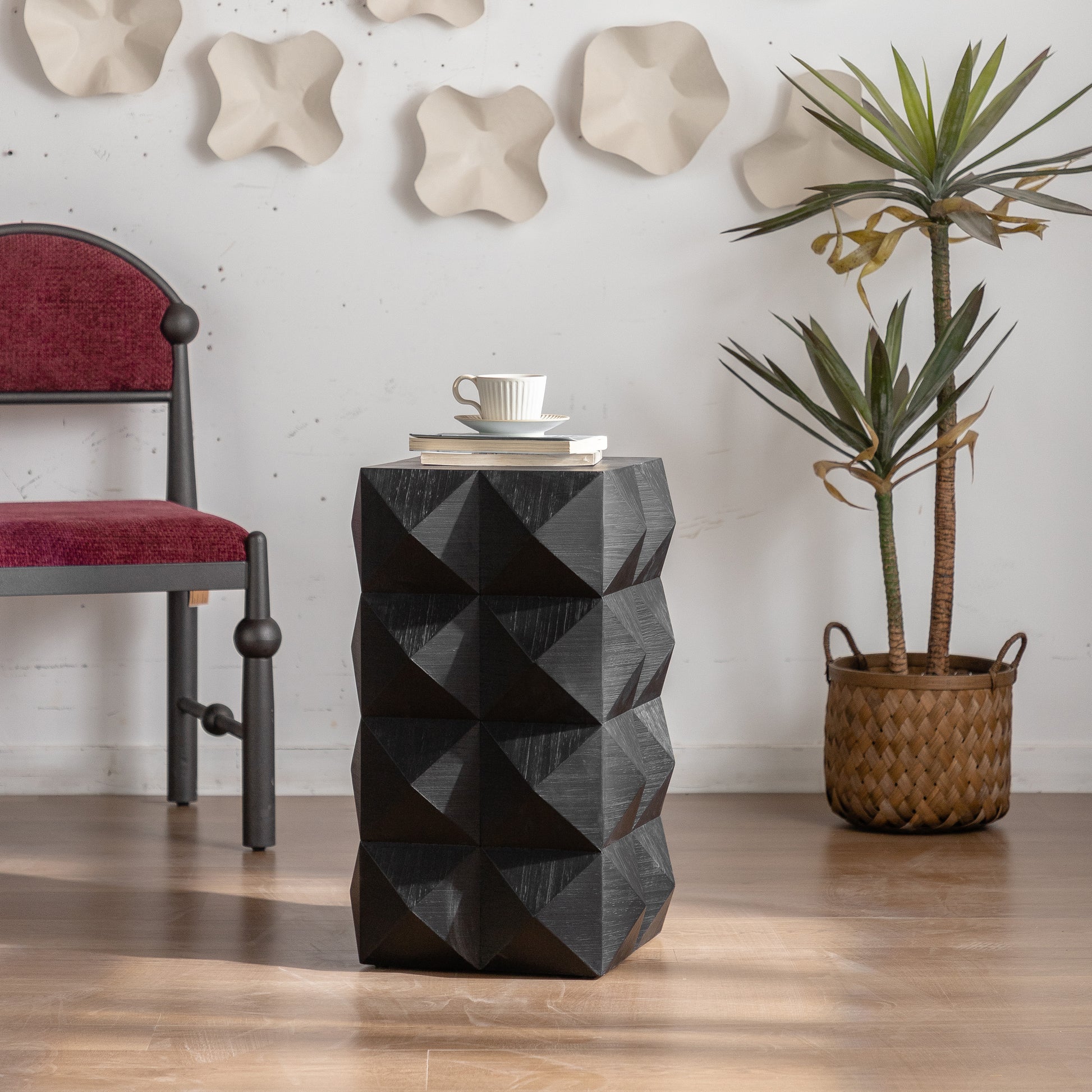 23.62"Height Three Dimensional Embossed Pattern Design Retro Side Table Retro Furniture Black Black Fir Mdf
