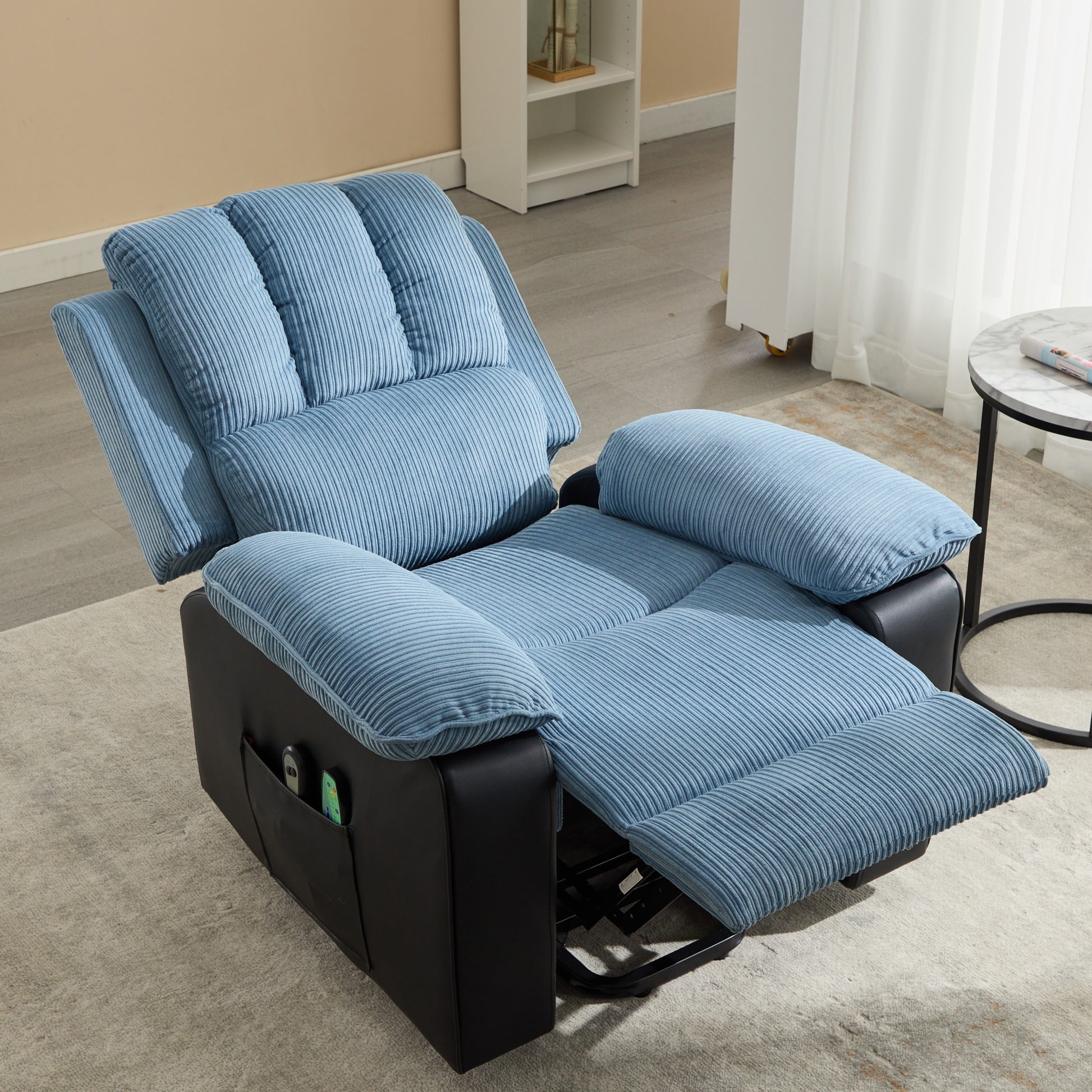 Recliner Chair With Heat And Vibrating Massage, Comfy Padded Overstuffed Soft Fabric Heated Recliner Blue And Black Black Blue Power Push Button Metal Primary Living Space Soft Cushion Back Heavy Duty Casual,Contemporary Push Button Pillow Top Arms Foam