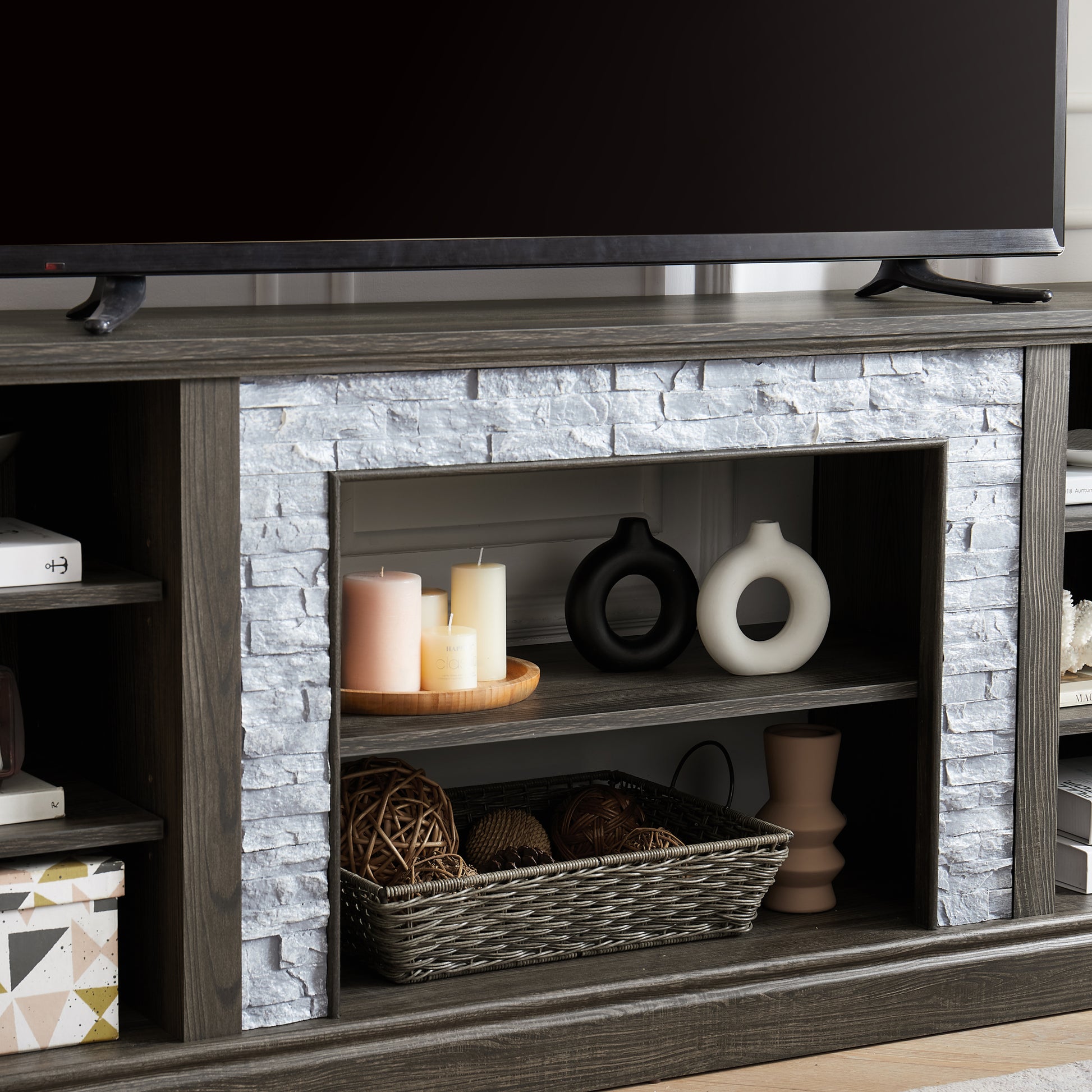 Large Tv Stand Tv Desk Storage Rack With Faux Stacked Stone Surround,Media Console Table With Large Storage Cabinet,Modern Tv Media Entertaionment Stand,Grey, 70.12"W*15.35"D*25.83"H Grey 70 79 Inches Mdf