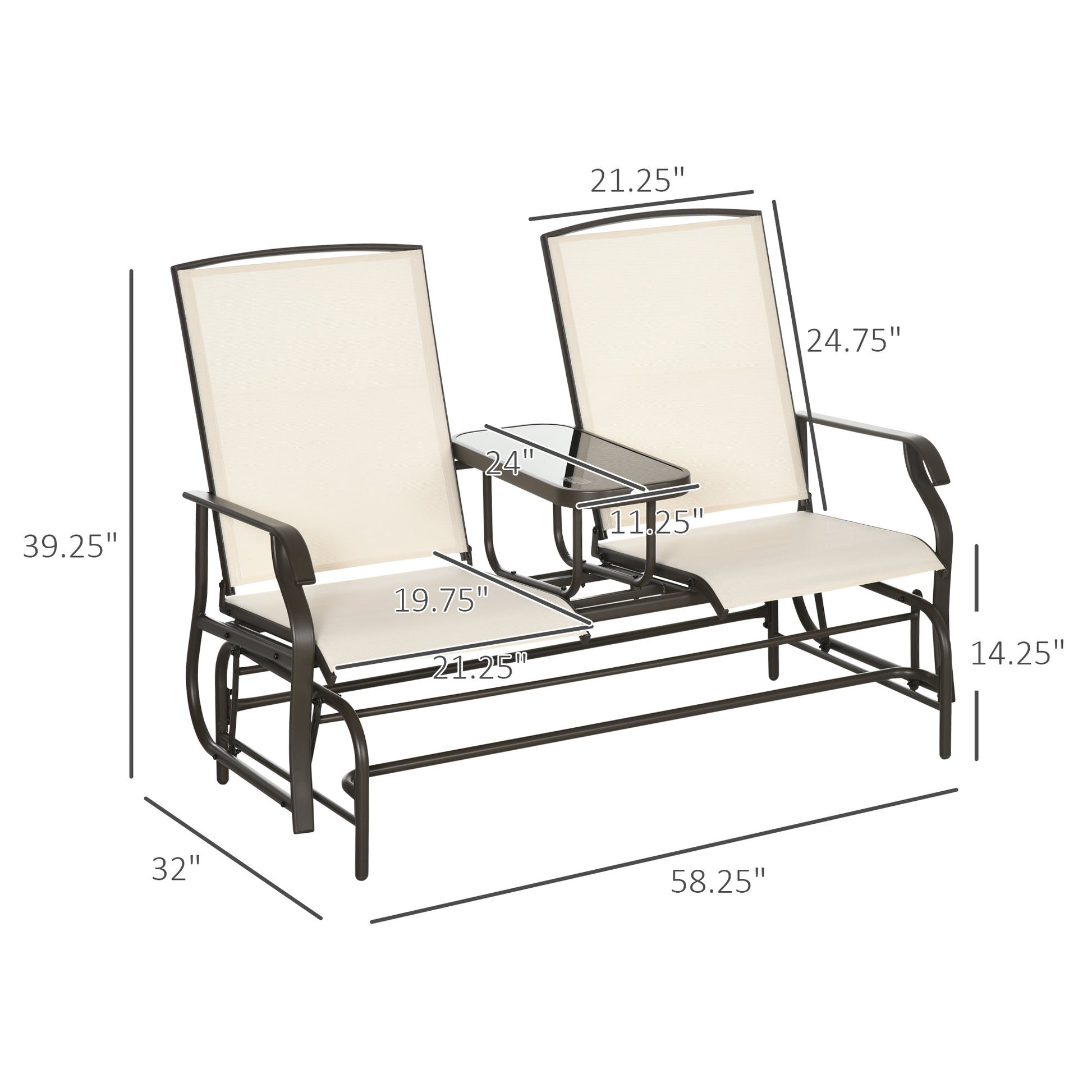 Outsunny Outdoor Glider Bench With Center Table, Metal Frame Patio Loveseat Withmesh Fabric And Armrests For Backyard Garden Porch, Beige Beige Steel