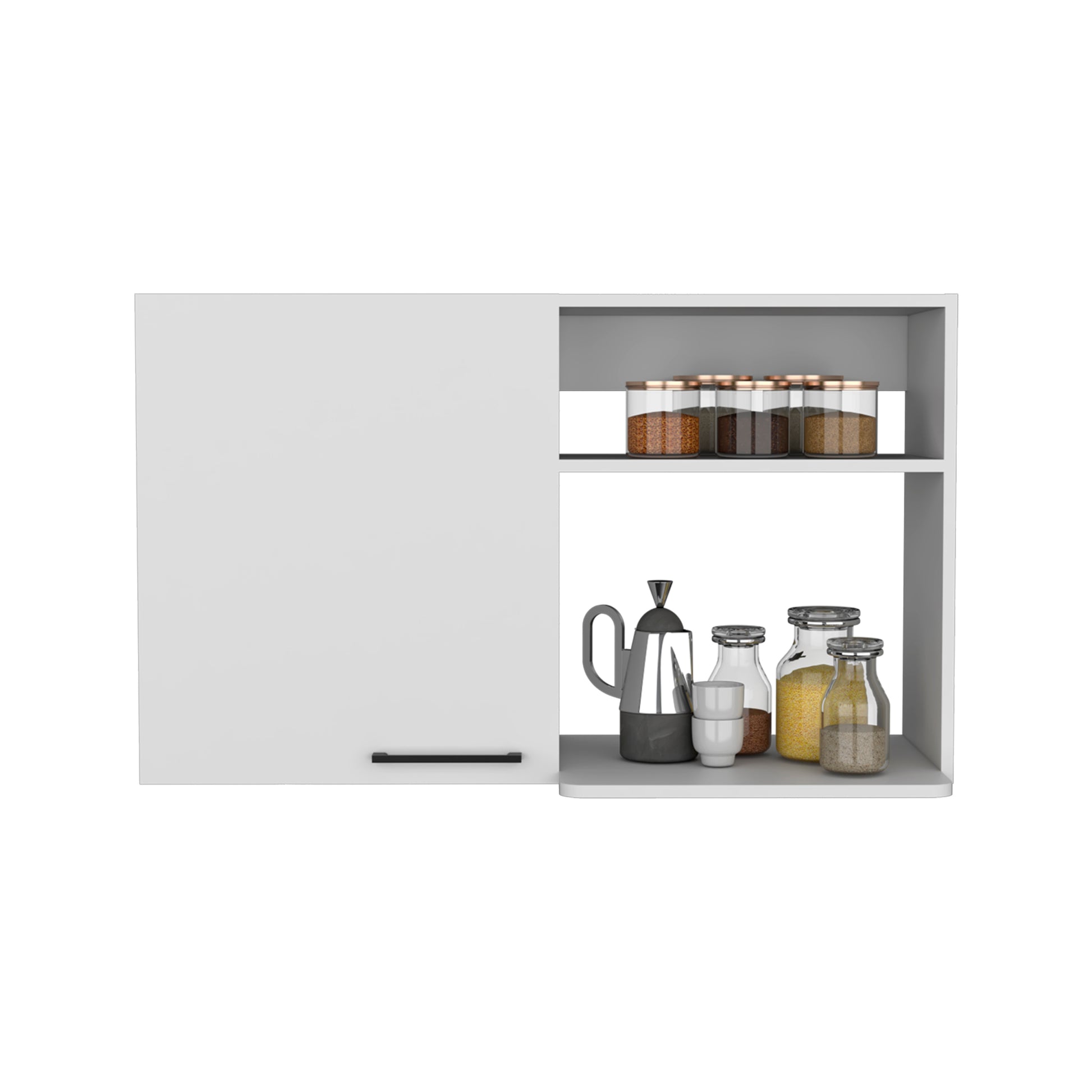 Stackable Wall Storage Cabinet 24" H, Two Internal Shelves, Two External Storage Shelves, One Door, White White Particle Board Particle Board