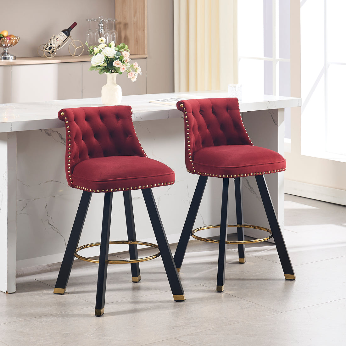 Coolmore Set Of 2,Back Pull Point Design, Velvet Material, 360 Degree Rotation, Back Pull Loop Detachable Design, Rivet Decoration, Square Foot Wooden Bar Chair Red Velvet