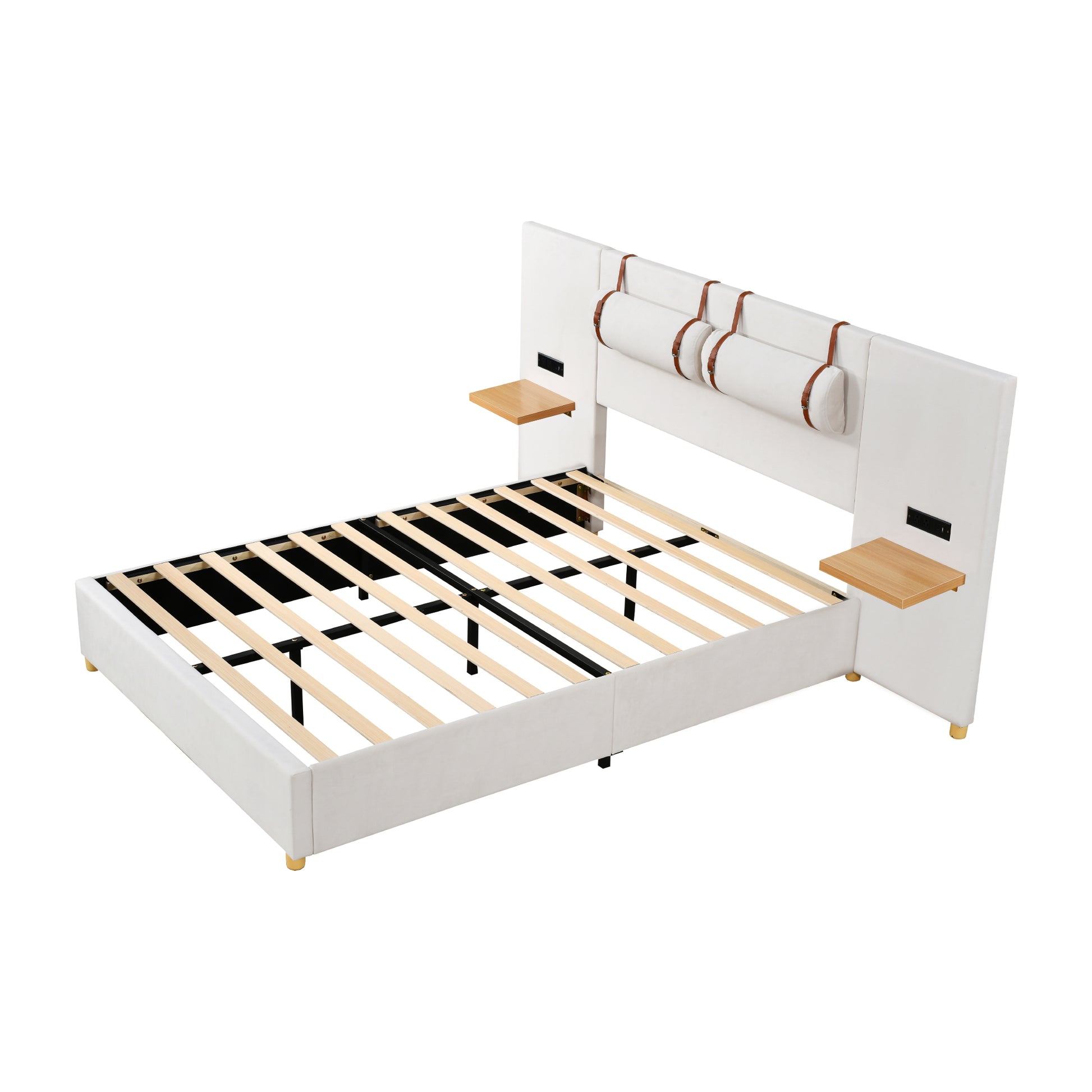 Full Size Upholstered Platform Bed, Two Outlets And Usb Charging Ports On Both Sides, Two Bedside Pillows, Storage Shelves,Velvet,Beige Full Beige Mdf Lvl