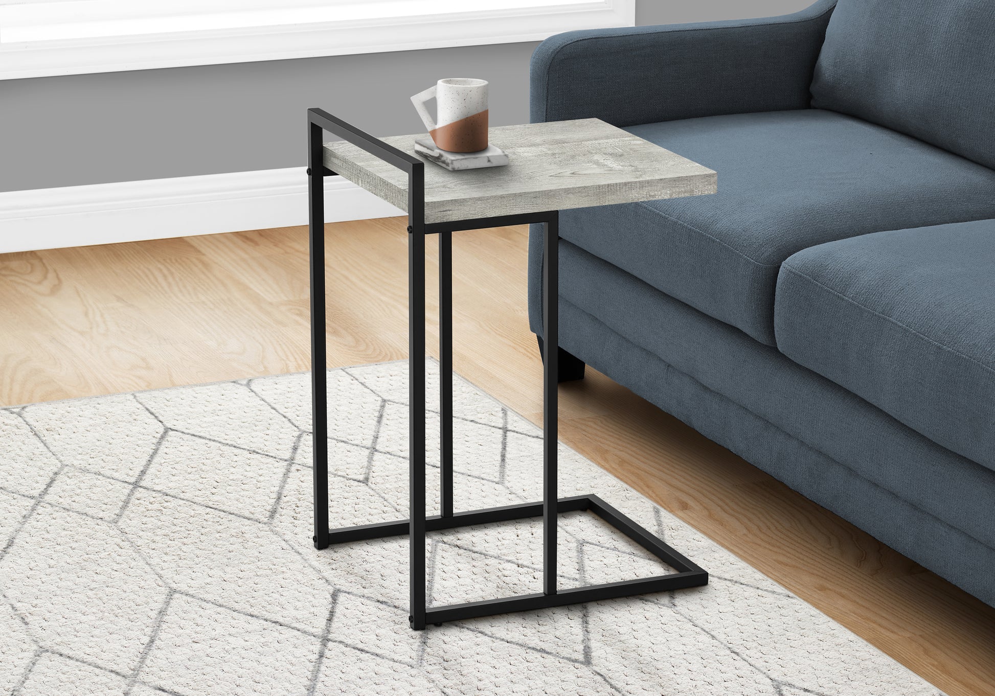 Accent Table, C Shaped, End, Side, Snack, Living Room, Bedroom, Grey Laminate, Black Metal, Contemporary, Modern Grey Particle Board