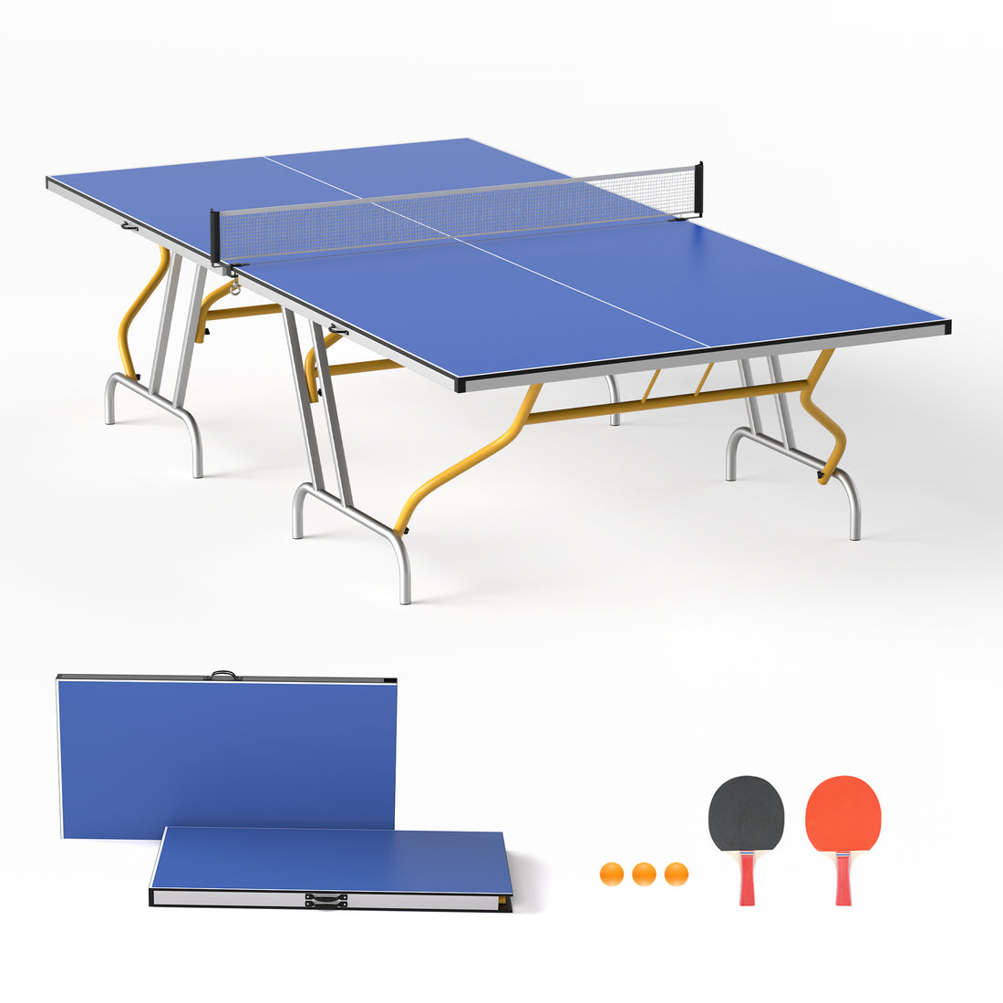 9Ft Mid Size Table Tennis Table, Foldable Ping Pong Table Blue Mdf