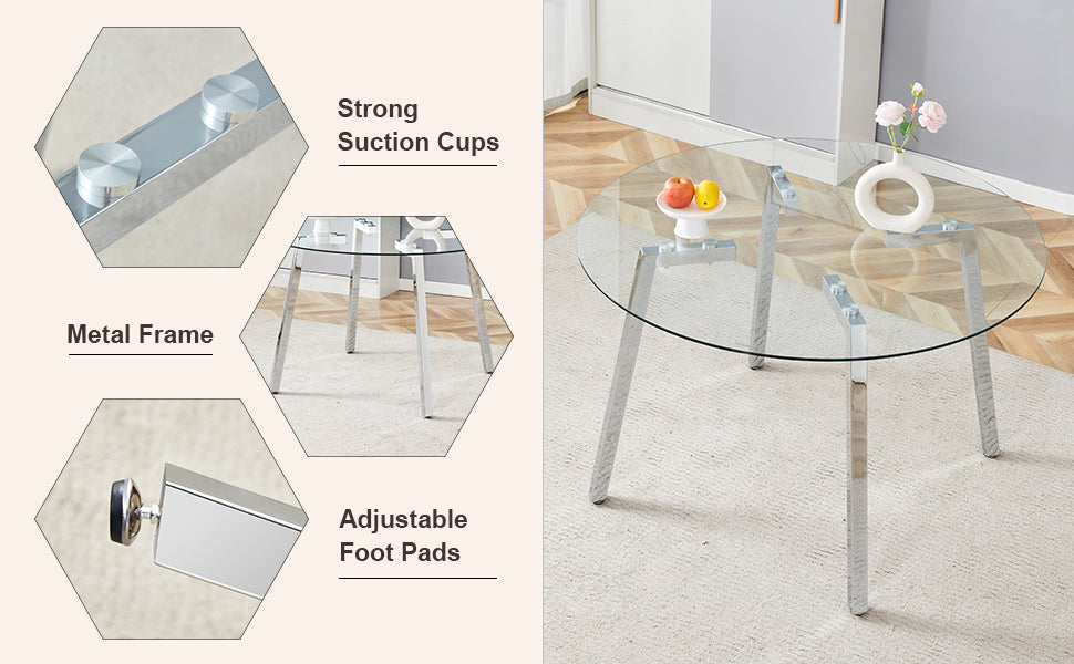 Modern Luxurious Round Tempered Glass Dining Table With Silver 7 Shaped Metal Legs,Suitable For Family Meals, Office Conferences, Or As A Casual Coffee Table For Various Occasions.47.3*47.3*29.5