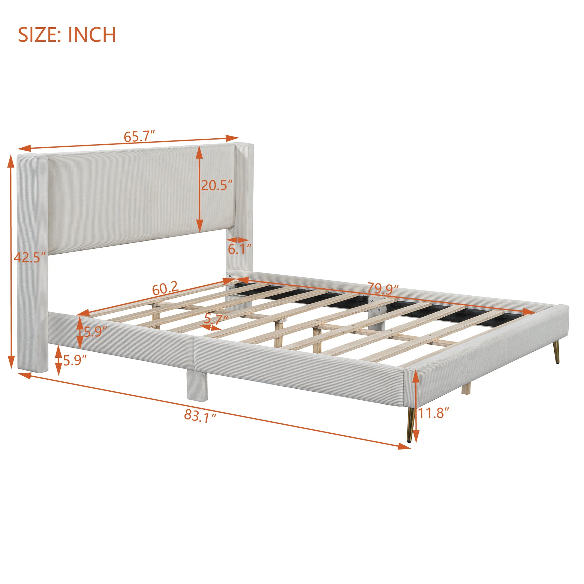 Queen Size Corduroy Platform Bed With Metal Legs, Beige Old Sku:Wf300238Aaa Queen Beige Corduroy