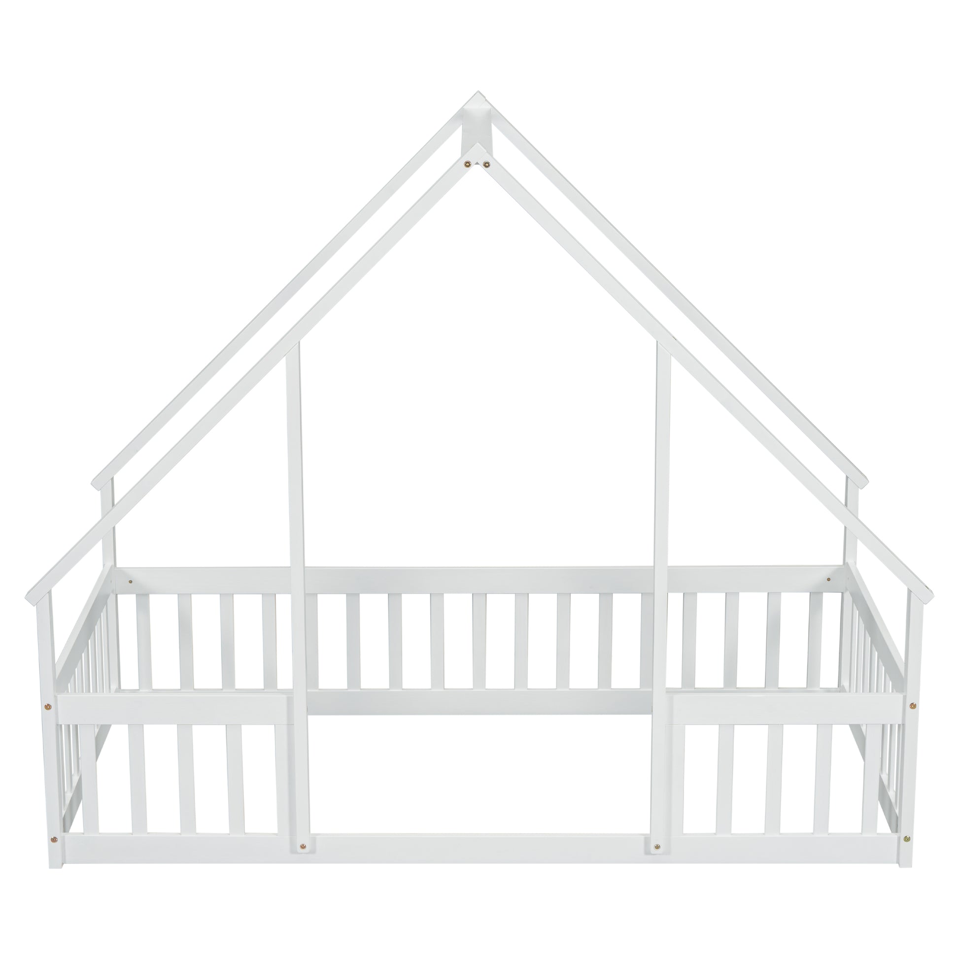 Twin Wood House Shaped Floor Bed With Fence, Guardrails ,White Twin White American Design Pine