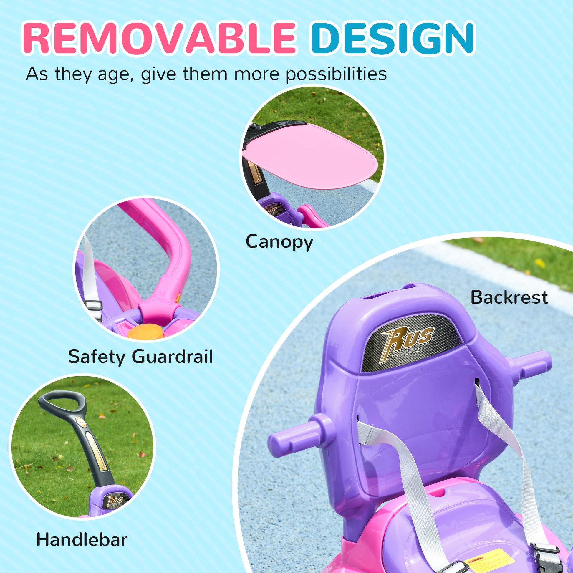 Qaba Push Car For Kids 1 3 Years, 3 In 1 Ride On Sliding Car, Foot To Floor Baby Push Car With Removable Handle, Music, Horn, Canopy, Safety Guardrail For Boys And Girls, Pink Pink Plastic