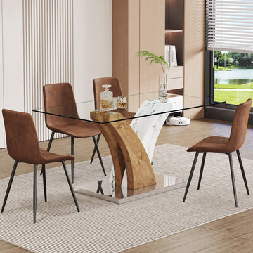 Table And Chair Set.Modern Dining Table, Tempered Glass Countertop With Artistic Mdf Legs.Paried With 4 Brown Chairs With Suede Backrests And Black Metal Legs.Suitable For Various Styles. Black Brown,Transparent Seats 4 Mdf Metal