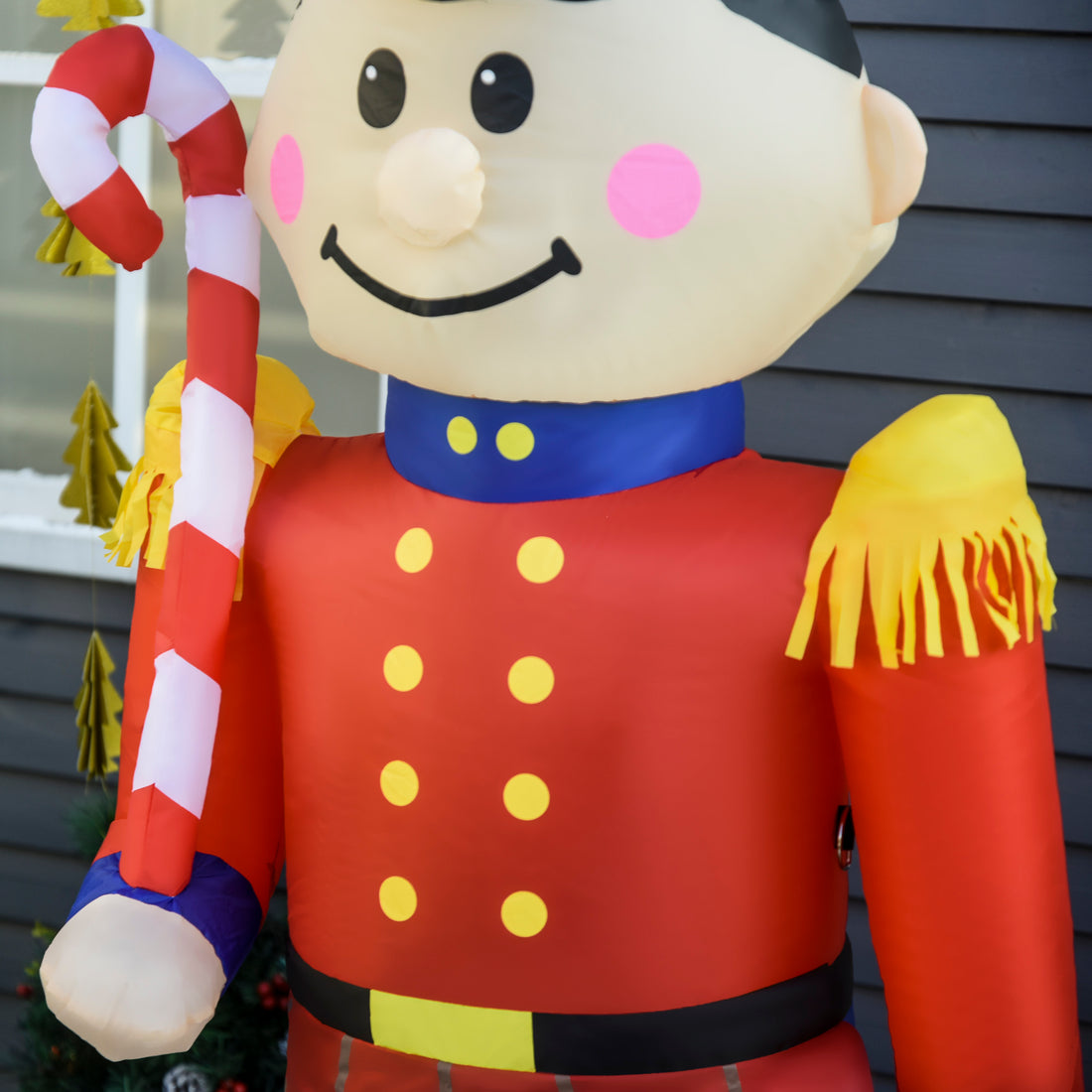 Homcom 6' Christmas Inflatable Nutcracker Toy Soldier With Candy Cane, Outdoor Blow Up Yard Decoration With Led Lights Display Red Polyester