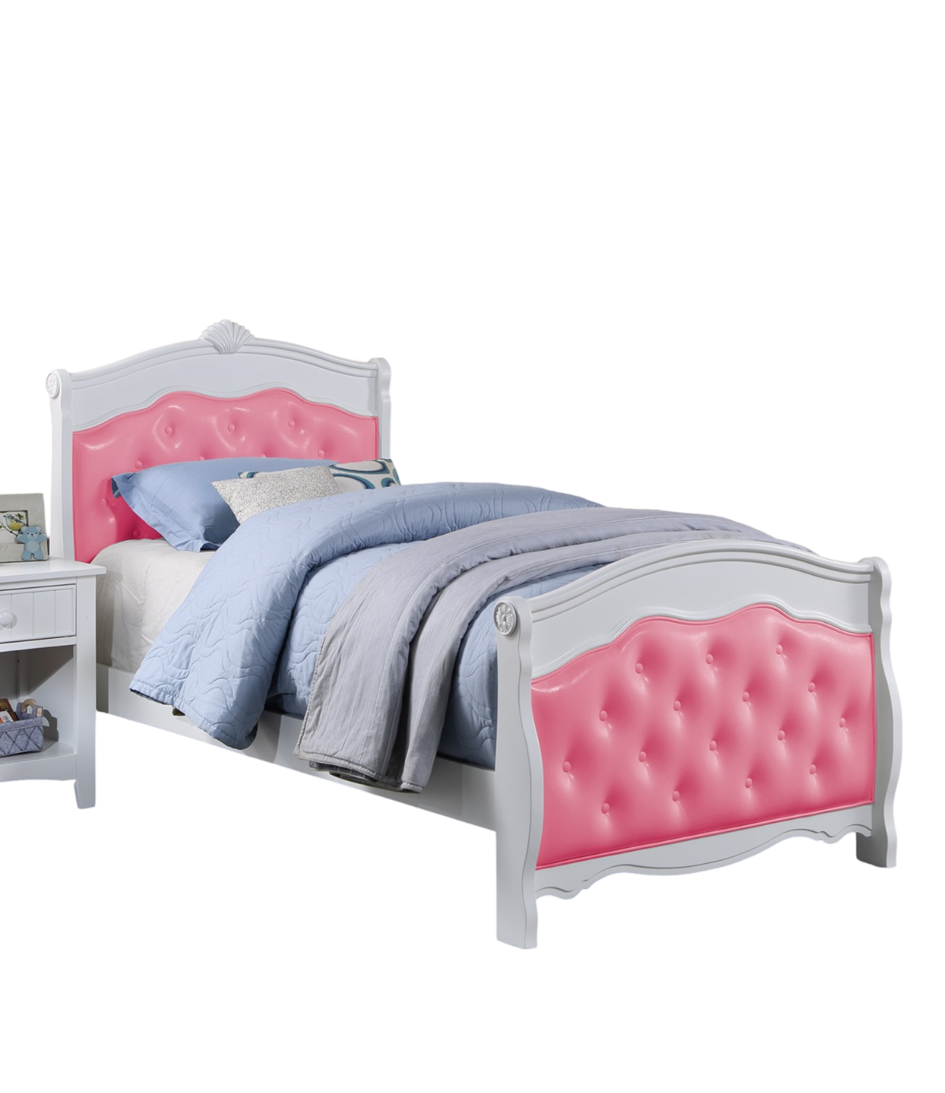 White Full Size Bed Youth Bedroom Furniture Pink Faux Leather Headboard Footboard Plywood 1Pc Bedframe Box Spring Required Full Pink White Wood Bedroom Classic,Traditional Pine Bed Frame Faux Leather Plywood