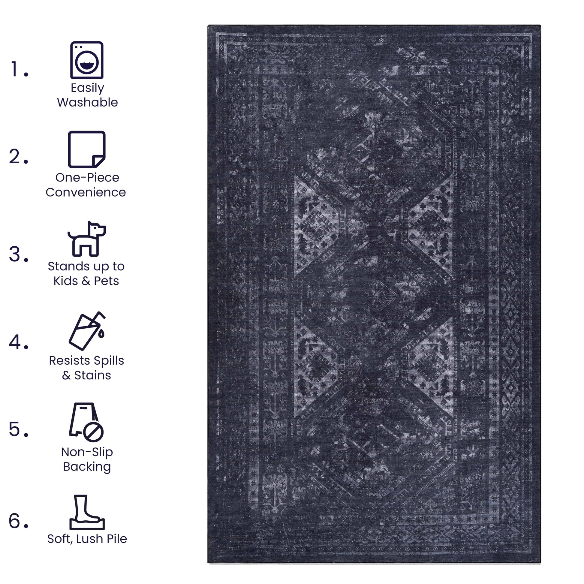 Naar 2X3, Machine Washable Area Rugs, Low Pile, Non Slip, Non Shedding, Foldable, Kid & Pet Friendly Area Rugs For Living Room, Bedroom, Kitchen, Dining Room Rug Perfect Gift, Black Gray, 2'X3' Black Gray Chenille Polyester