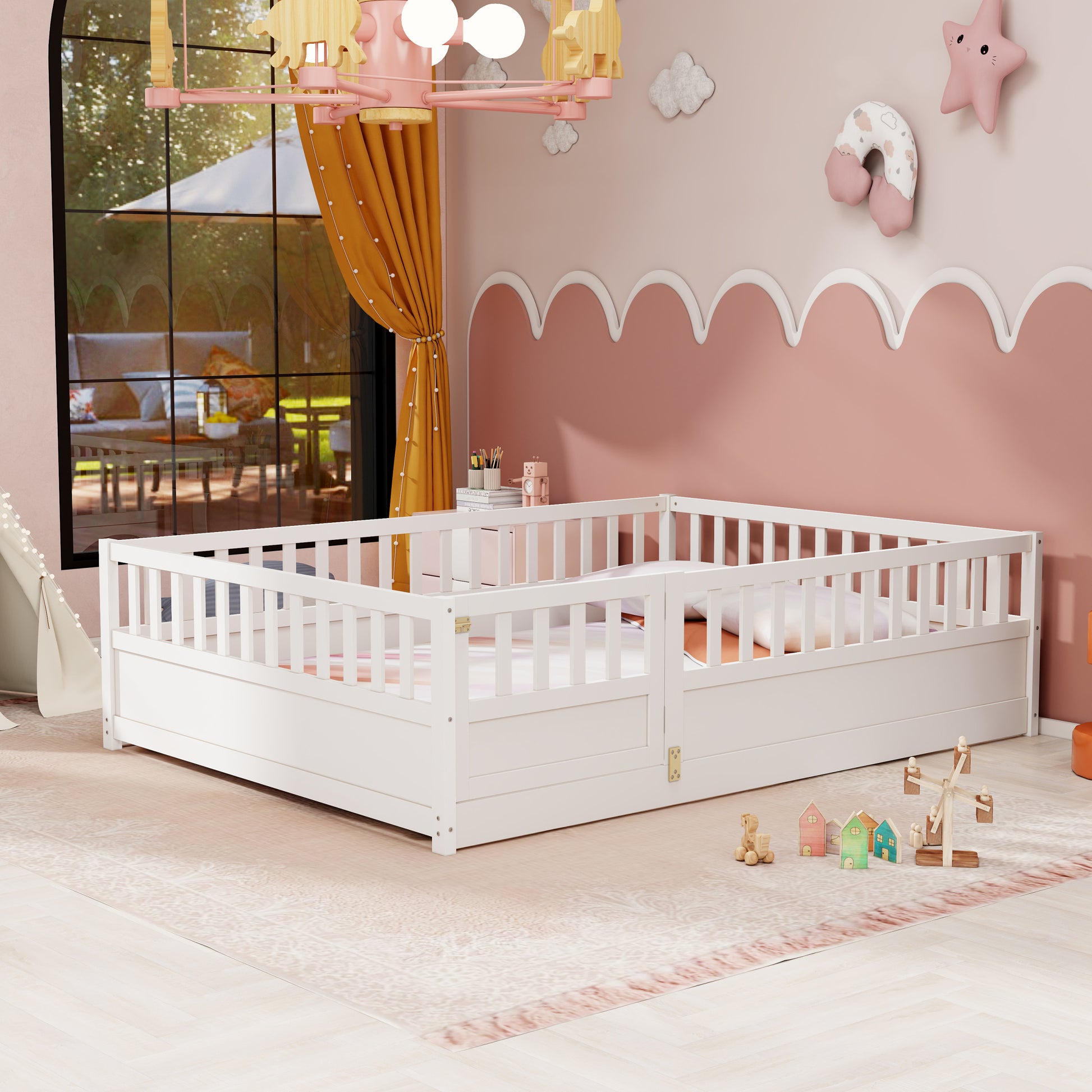 Full Size Floor Bed, Integral Construction With Super High Security Barrier, Door, Children'S Floor Bed Frame, Montessori Wooden Children'S Floor Bed, White Box Spring Required Full White Wood Brown Bedroom American Design,Artsy Pine Bed Frame Pine