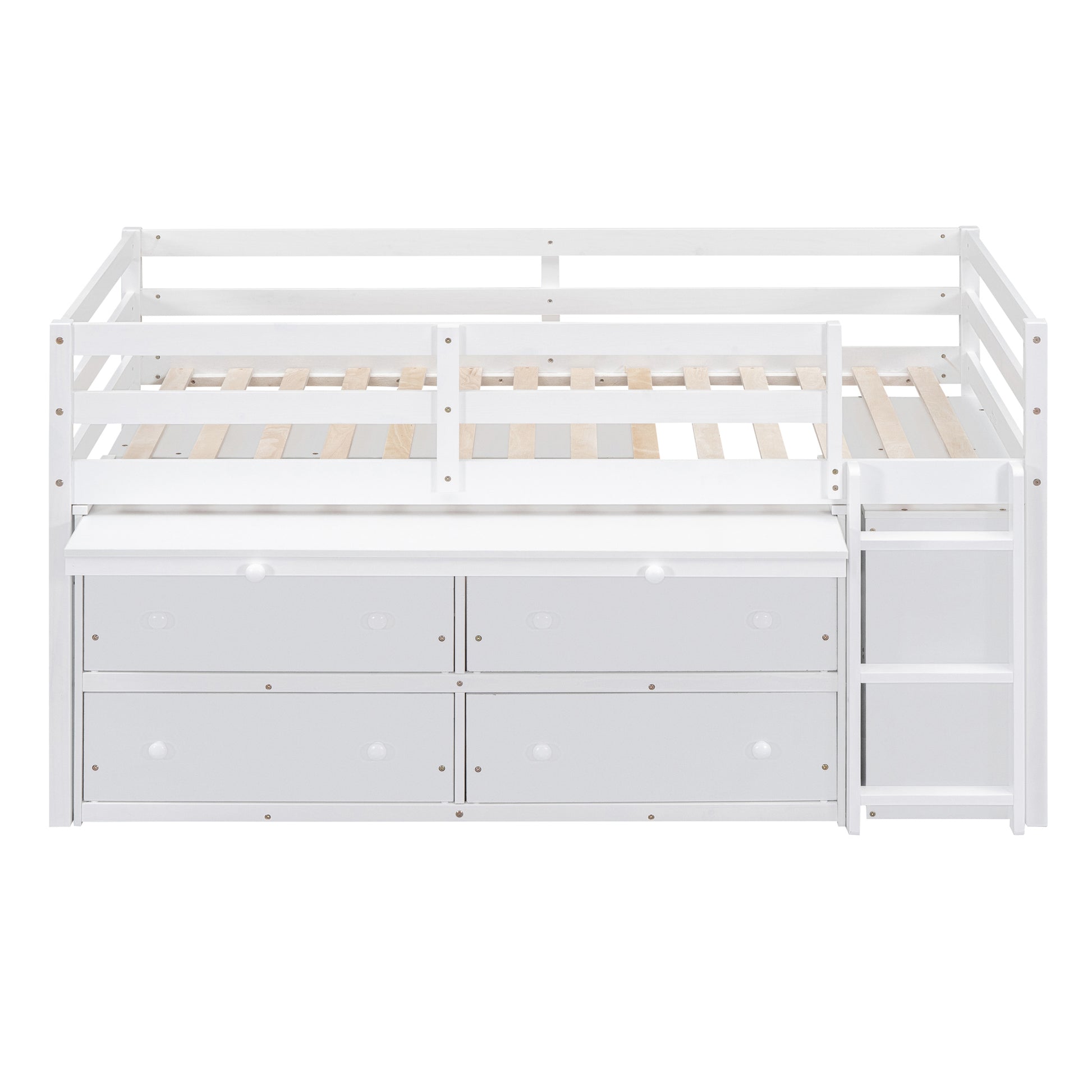 Twin Size Loft Bed With Retractable Writing Desk And 4 Drawers, Wooden Loft Bed With Lateral Portable Desk And Shelves, White White Solid Wood Mdf