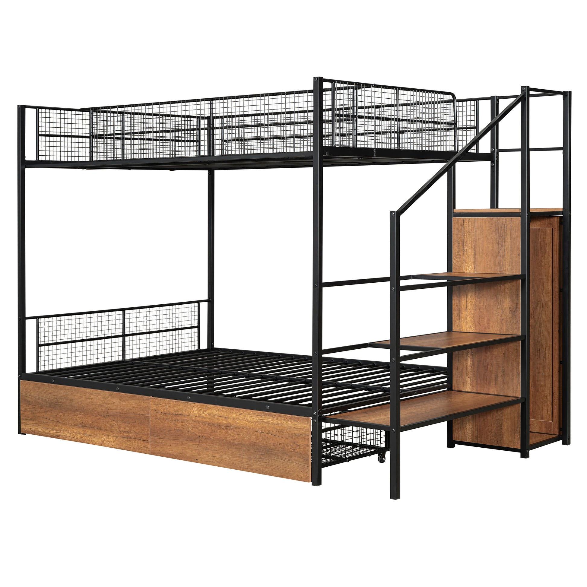 Twin Over Full Metal Bunk Bed With Drawer And Lateral Storage Ladder And Wardrobe, Black Black Metal