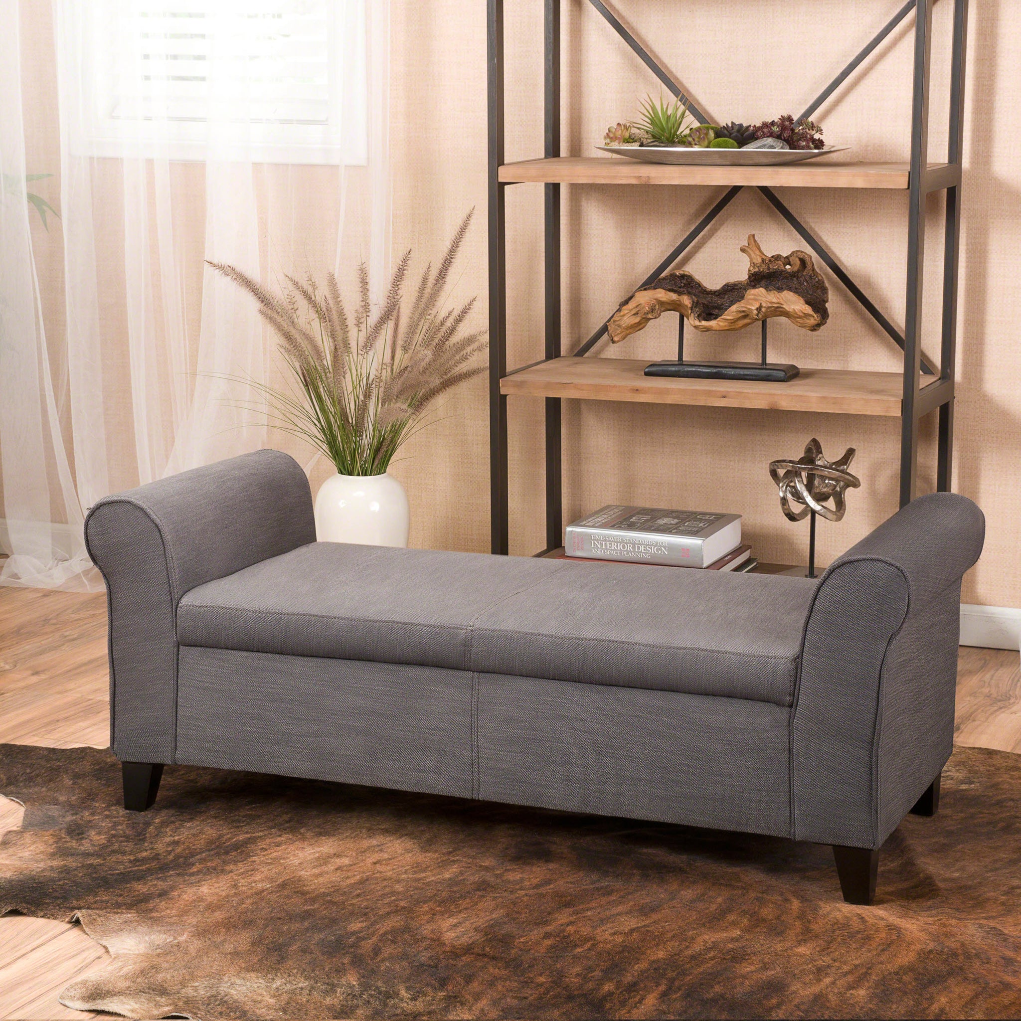 Hayes Armed Storage Bench Gray Fabric