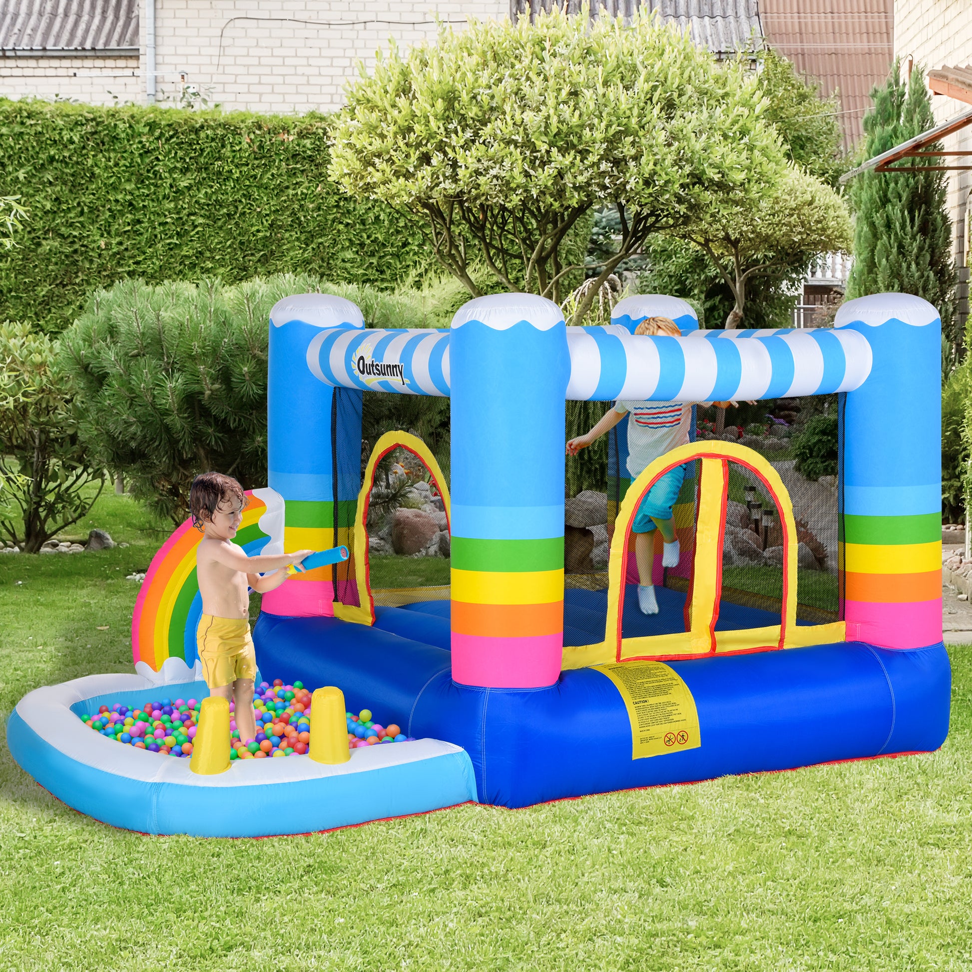 Outsunny Inflatable Bounce House For Kids 2 In 1 Jumping Castle For Indoor Outdoor Party With Trampoline, Pool, Carry Bag & Air Blower Multi Oxford Fabric