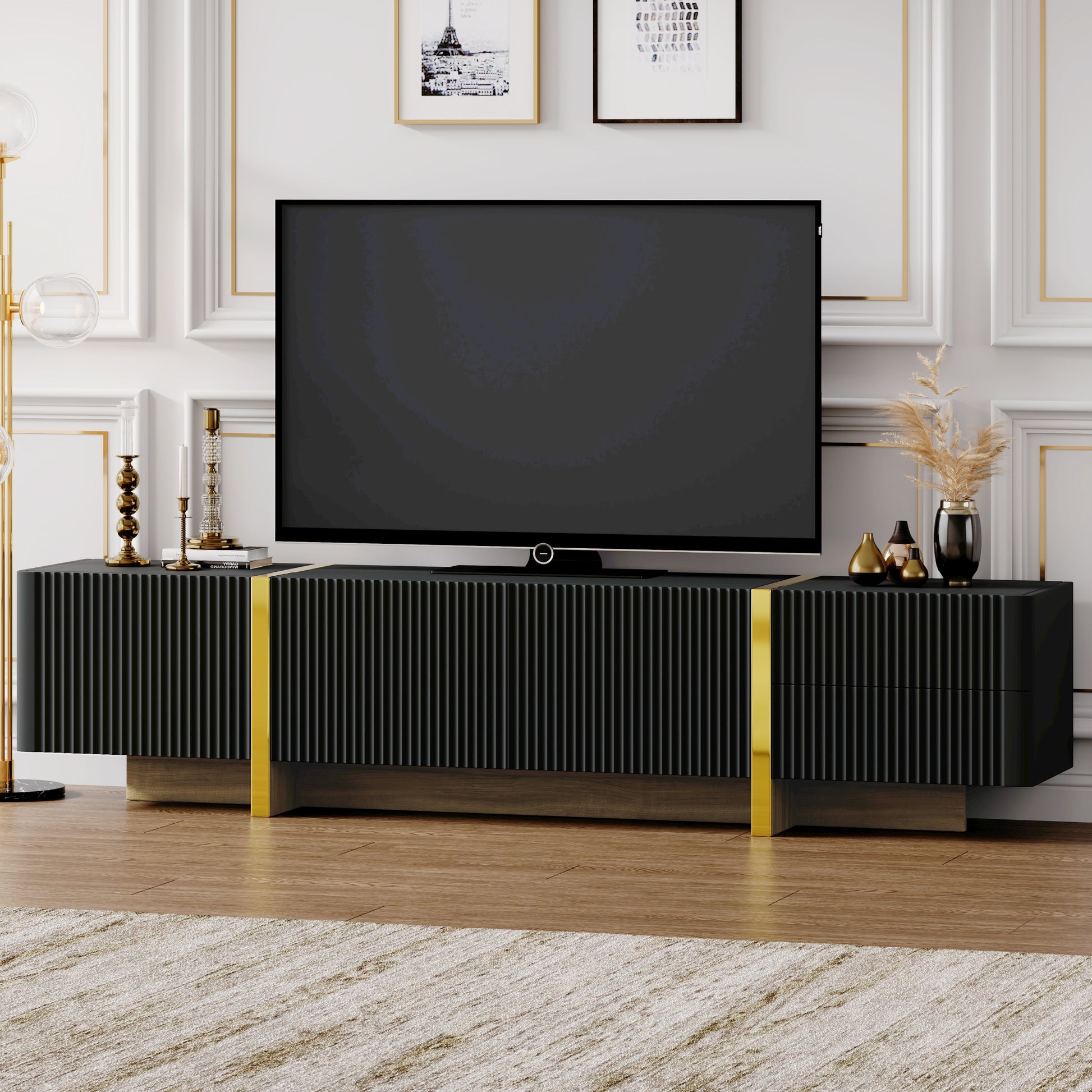 Luxury Fluted Tv Stand For Tvs Up To 80'', Modern Entertainment Center With Storage Cabinets & Drawers, Smooth Media Console With Golden Wood Grain Legs For Living Room, Black Black Primary Living Space 80 89 Inches Particle Board Mdf