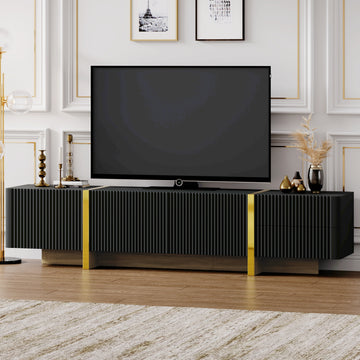 Luxury Fluted Tv Stand For Tvs Up To 80'', Modern Entertainment Center With Storage Cabinets & Drawers, Smooth Media Console With Golden Wood Grain Legs For Living Room, Black Black Primary Living Space 80 89 Inches Particle Board Mdf