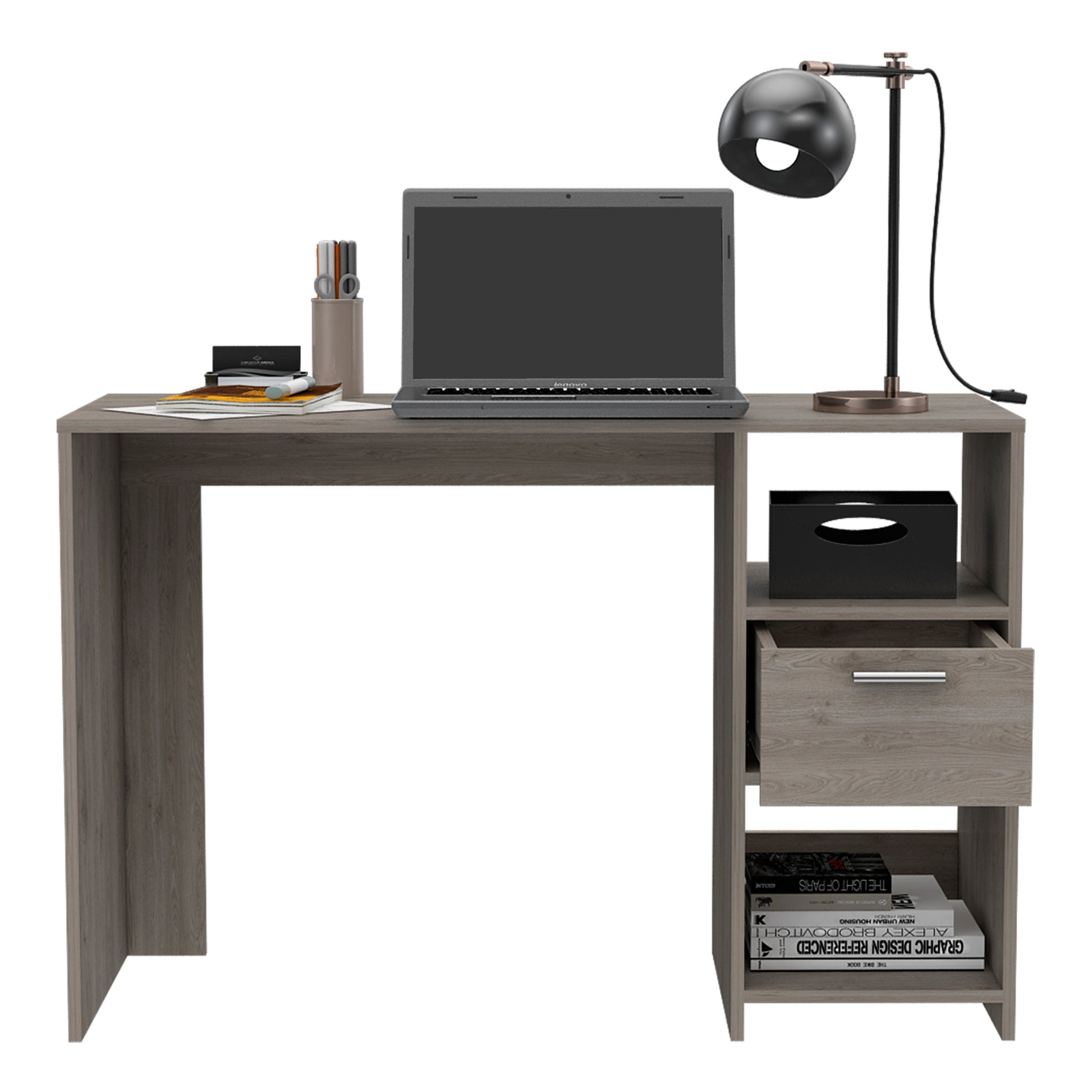 Omma Computer Desk, One Drawer, Two Shelves Grey Computer Desk Office Modern Freestanding Rectangular Open Storage Desk Rectangular Particle Board Engineered Wood