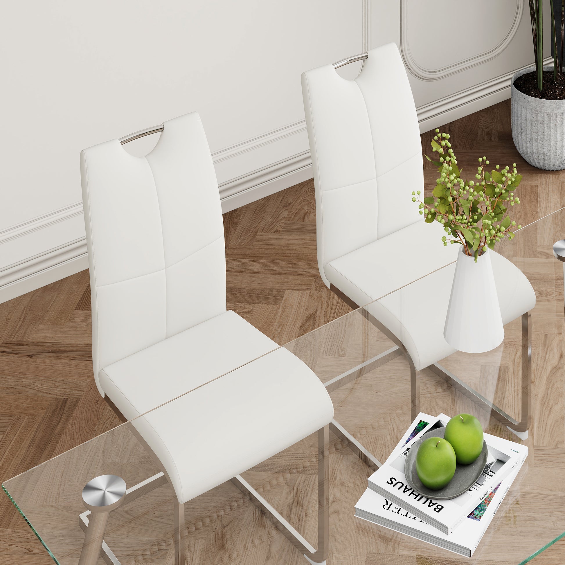 Modern Simple Rectangular Glass Dining Table, Solid Tempered Glass Tabletop, Electroplated Table Legs, White Pu Dining Chair Set, Suitable For Restaurant Kitchen Use Set Of 5 Upholstered Chair Glass White Pu Seats 4 Metal Rectangular Dining Table With