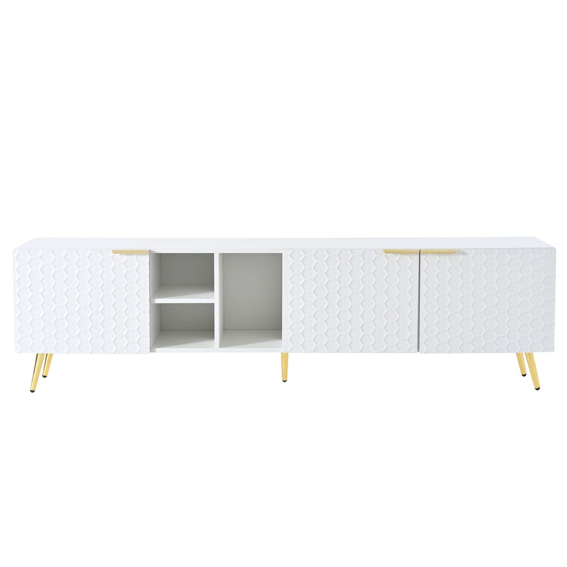 Modern Minimalist Geometric Tv Cabinet With Metal Handles And Gold Legs For Tvs Up To 80'', Multi Functional Tv Stand With Storage Cabinets, Entertainment Center For Living Room, White White Gold