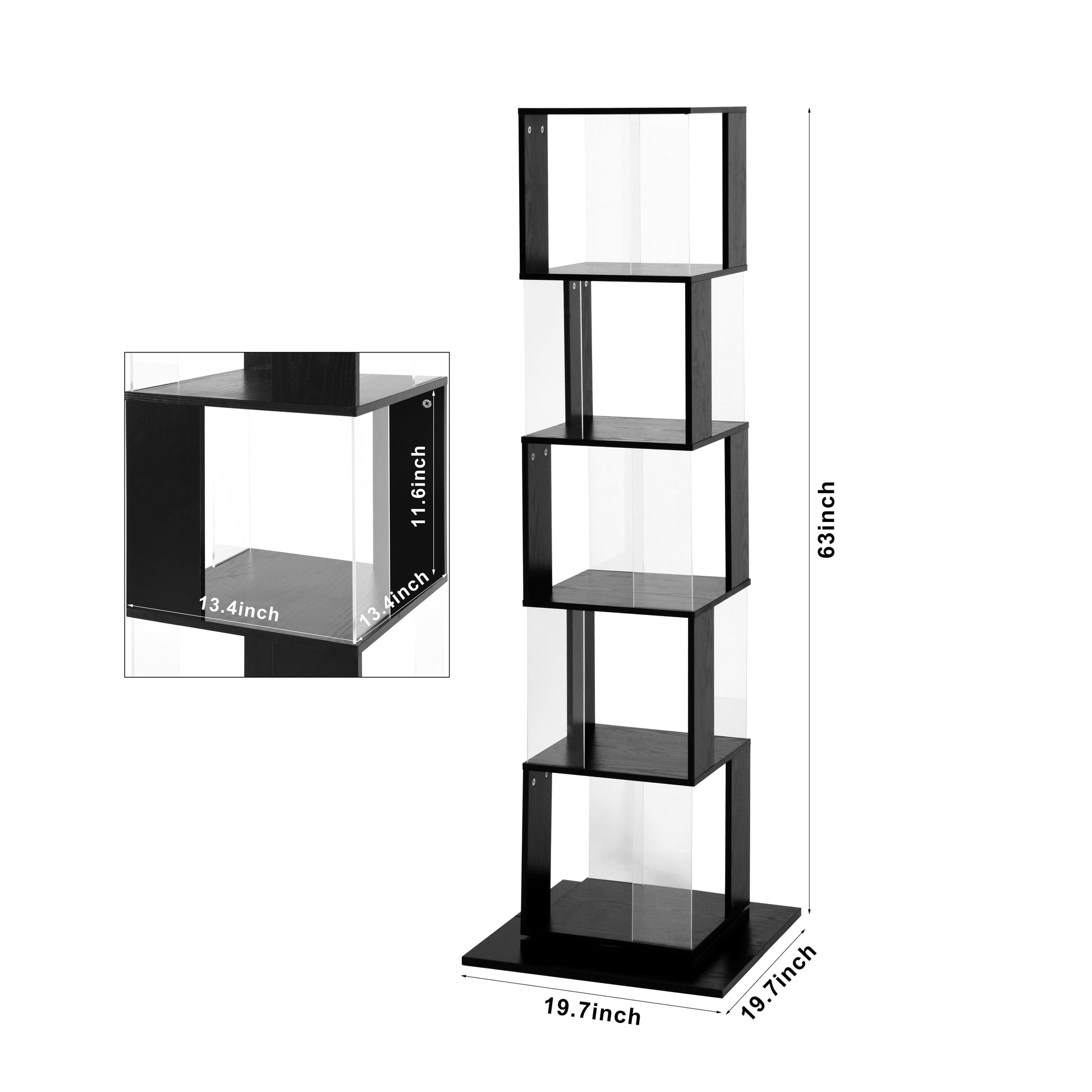 5 Tier Rotating Bookshelf, Floor Rack Simple Bookcase With Acrylic Plate Student Multi Function Creative Bookshelf For Living Room With Anti Toppling Base Black Particle Board