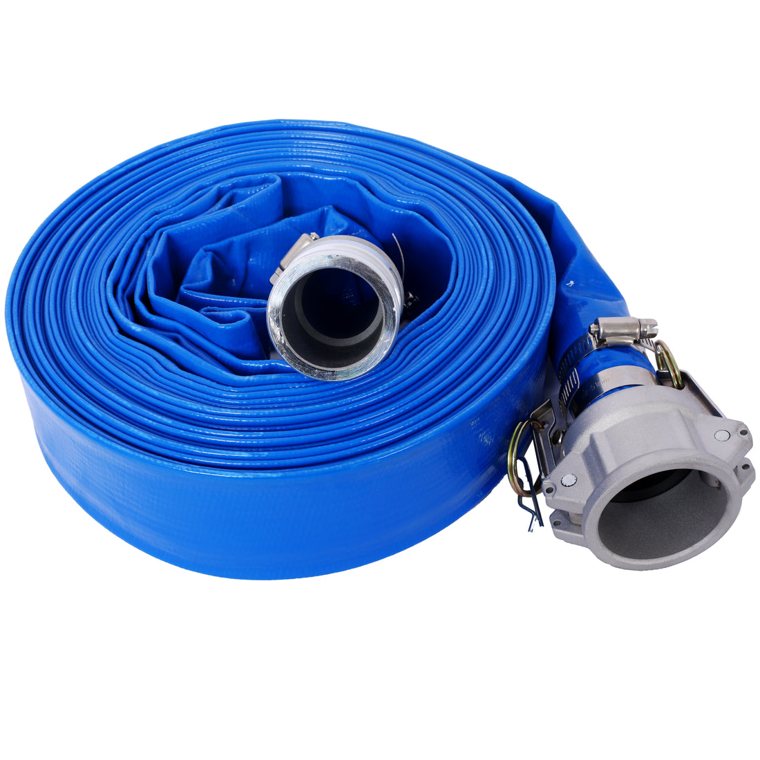 1.5" Id 50 Ft Pool Backwash Hose, Heavy Duty Reinforced Blue Pvc Lay Flat Water Discharge Pump Hoses For Swimming Drain Pools And Clean Filters, With Aluminum Camlock C And E Fittings Blue Pvc