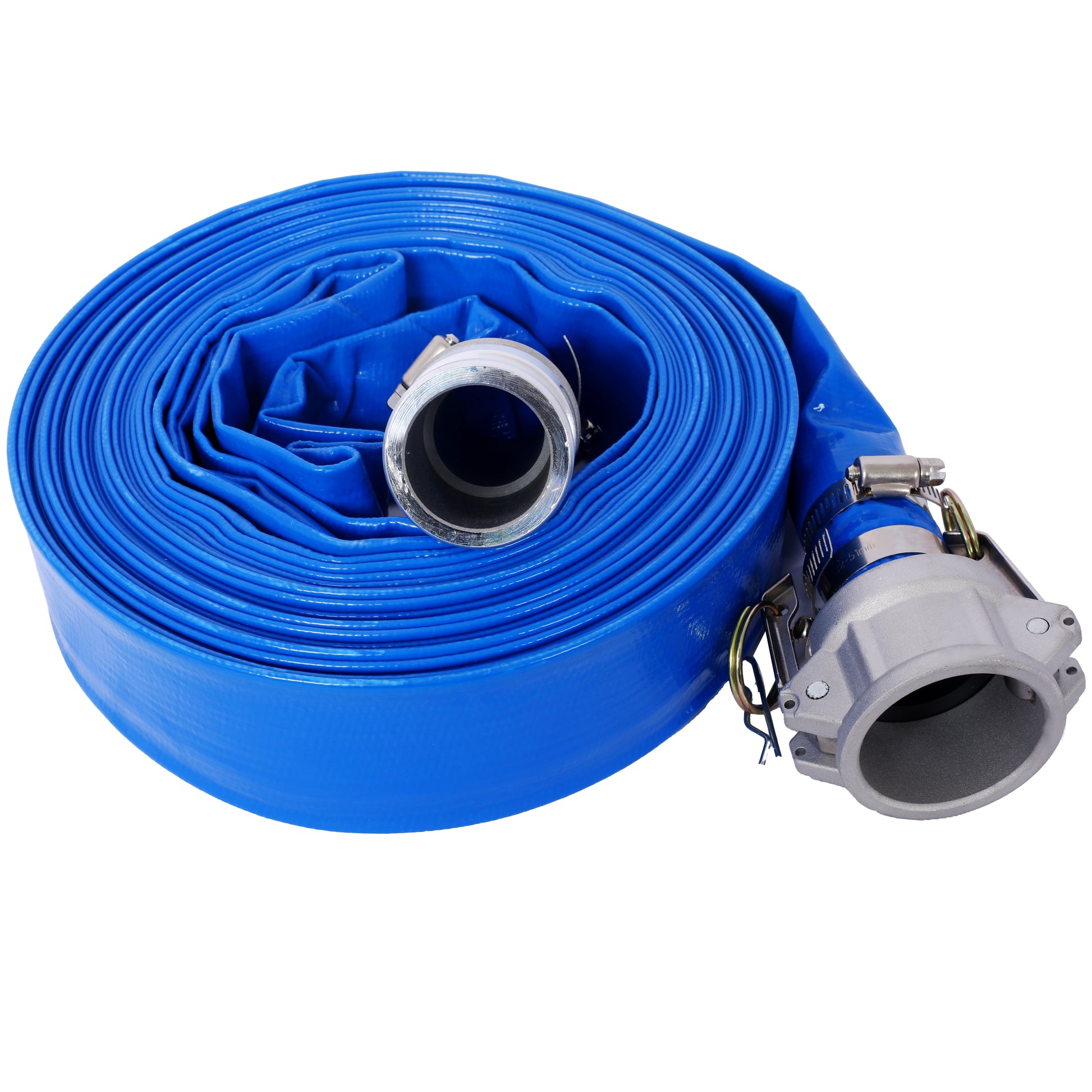 1.5" Id 50 Ft Pool Backwash Hose, Heavy Duty Reinforced Blue Pvc Lay Flat Water Discharge Pump Hoses For Swimming Drain Pools And Clean Filters, With Aluminum Camlock C And E Fittings Blue Pvc