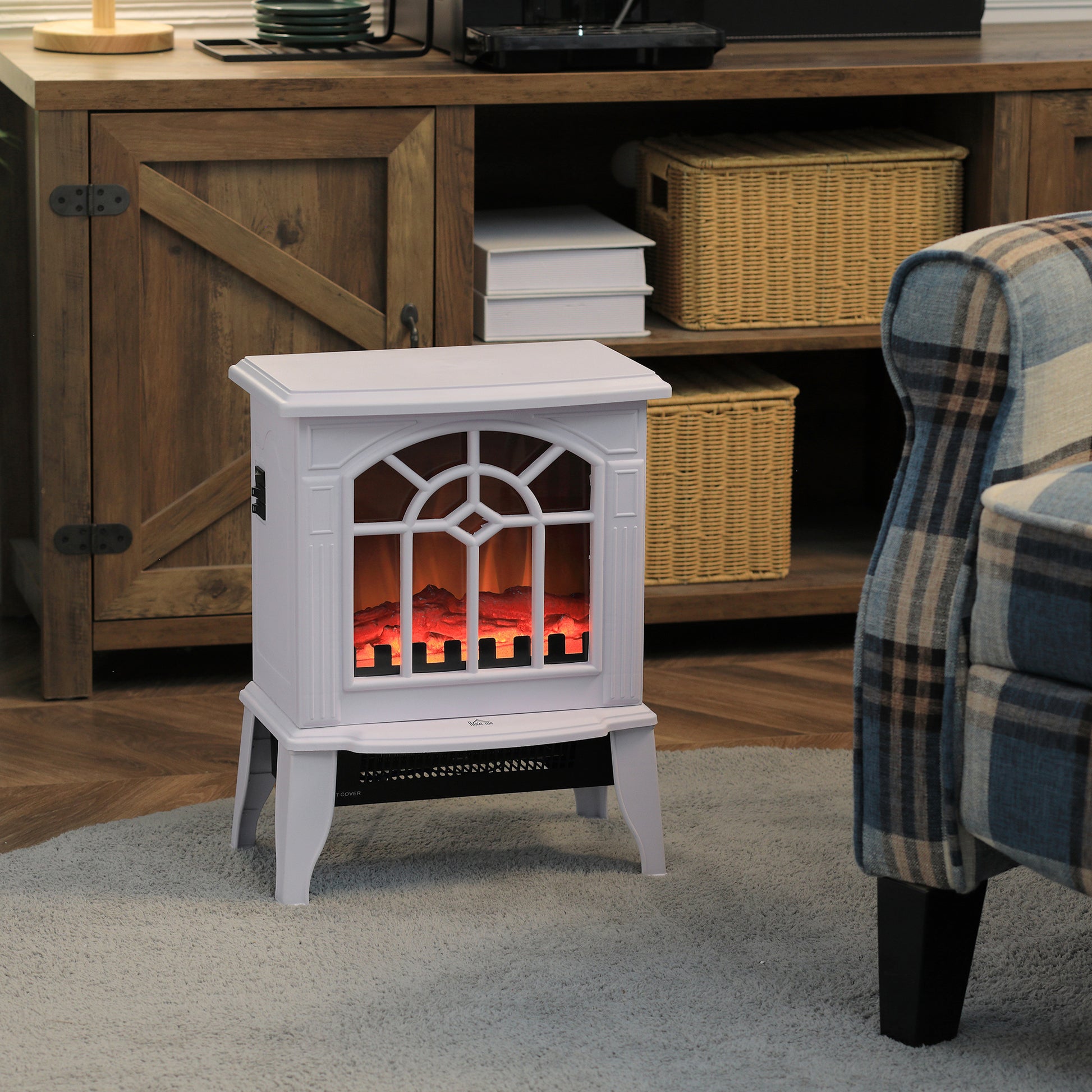 Homcom Electric Fireplace Stove, 18" Freestanding Fireplace Heater With Realistic Flame, Overheating Protection, Portable, 750W 1500W, White White Plastic