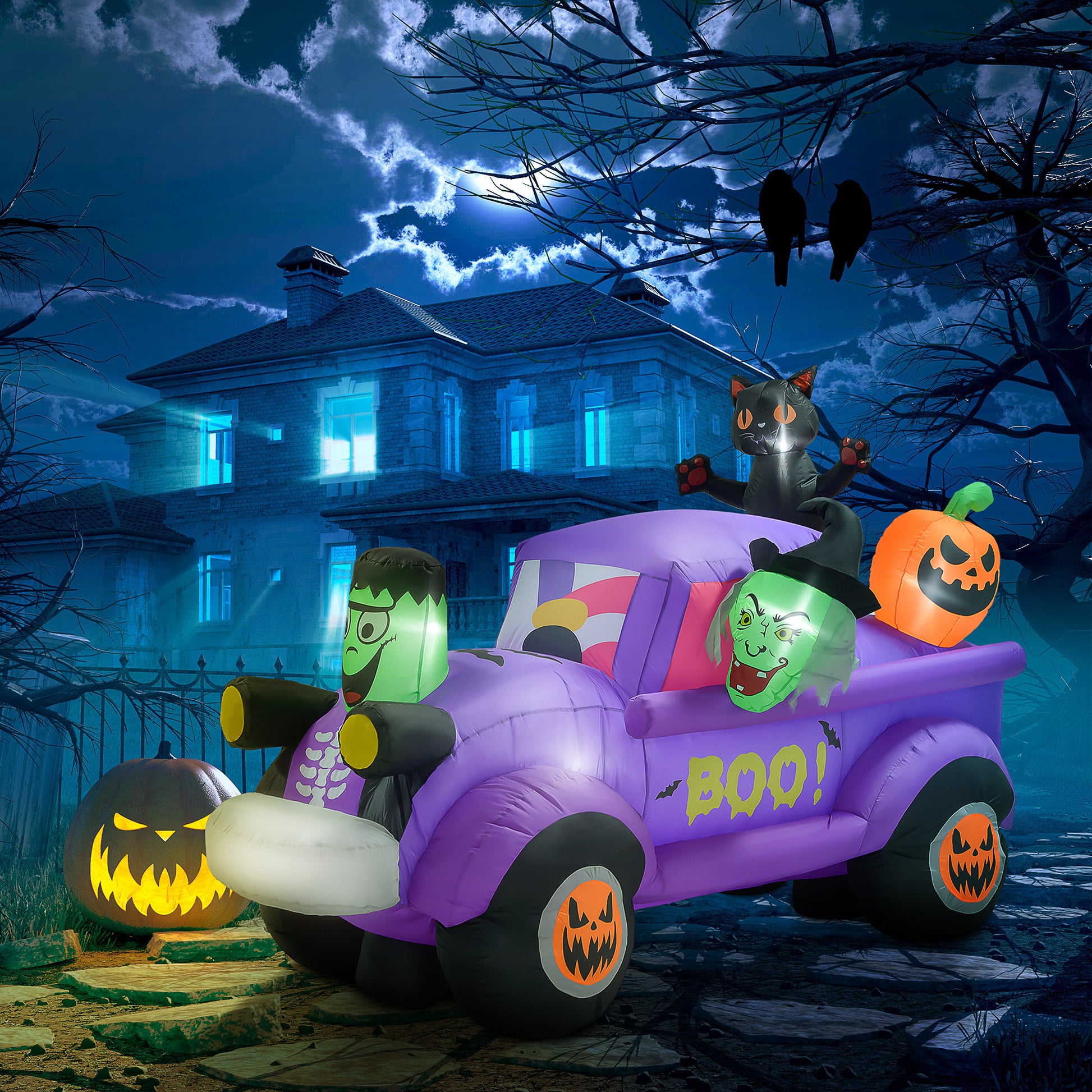 Outsunny 5Ft Witch Driving Halloween Inflatable Truck, Blow Up Outdoor Led Yard Display, Waterproof Multicolor Polyester