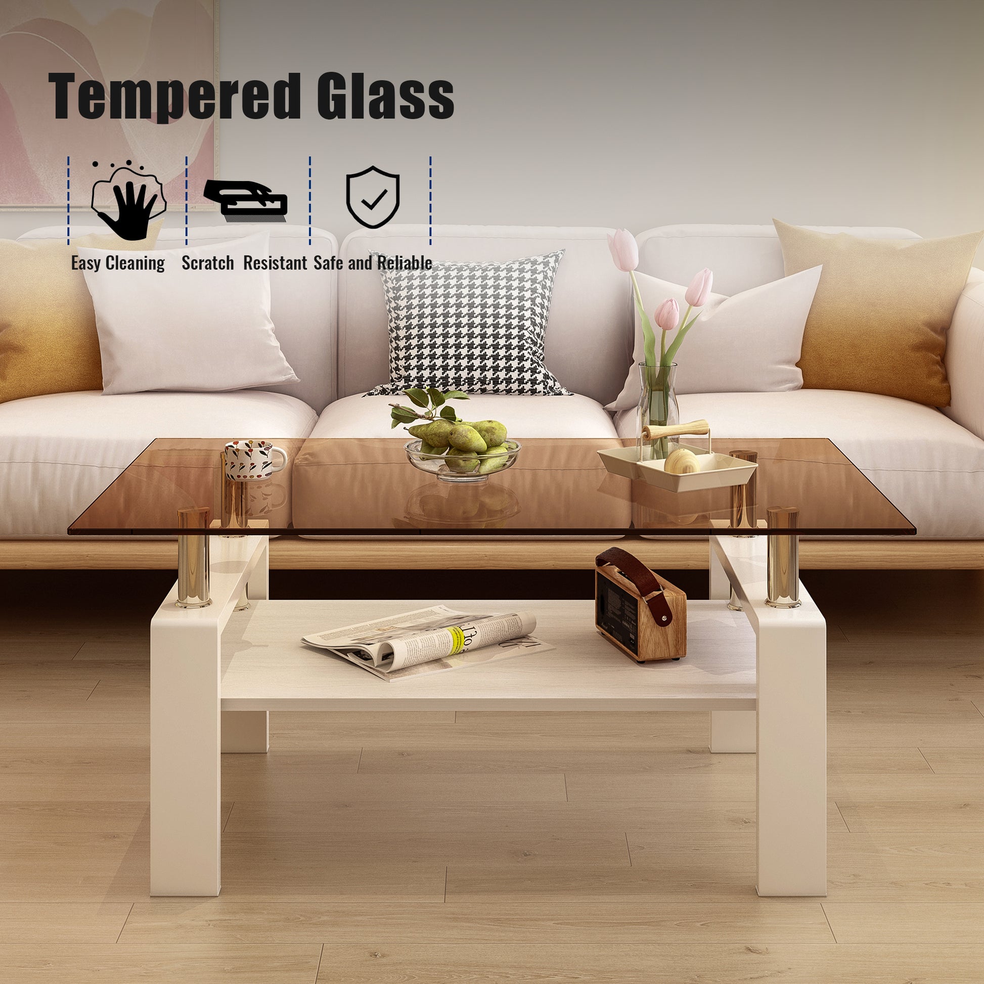 Rectangle Coffee Table, Tempered Glass Tabletop With Mdf Layer, Modern Table For Living Roombrown Glass Brown White Tempered Glass