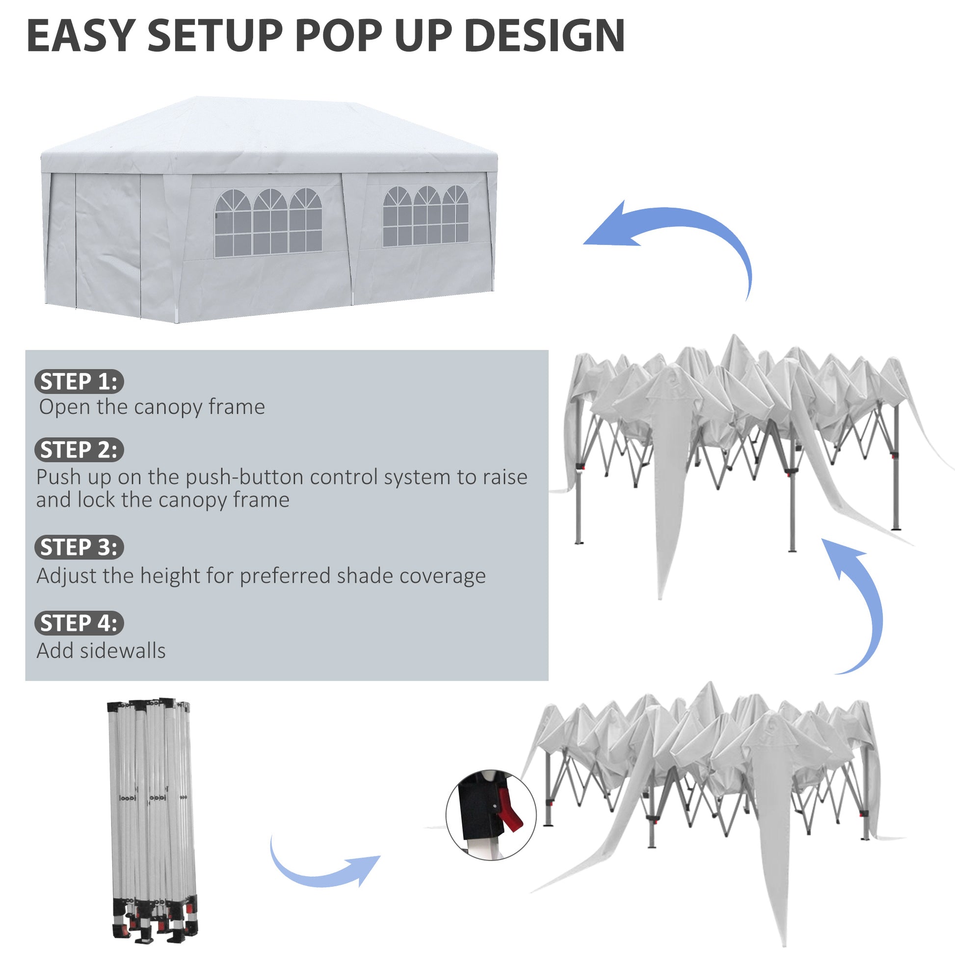 Outsunny 10' X 19.5' Pop Up Canopy Tent With Sidewalls, Height Adjustable Large Party Tent Event Shelter With Leg Weight Bags, Double Doors And Wheeled Carry Bag For Garden, Patio, White White Steel