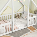 Twin Wood House Shaped Floor Bed With Fence, Guardrails ,White Twin White American Design Pine