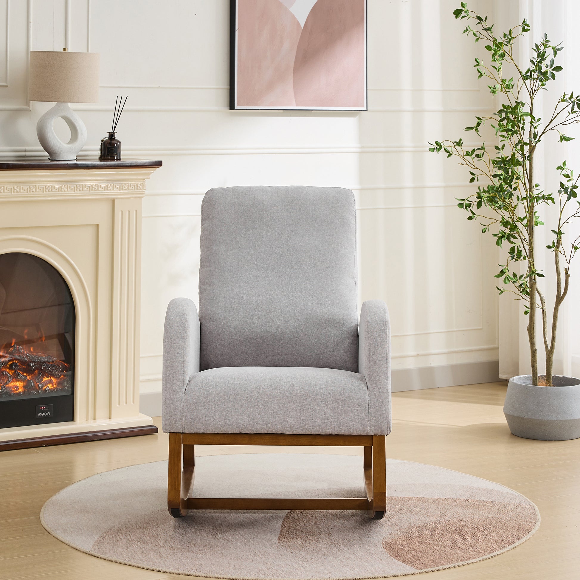 27.2"W Rocking Chair For Nursery, Polyester Glider Chair With High Back And Side Pocket, Rocking Accent Armchair With Rubber Wood Legs For Living Room Bedroom.Light Gray Light Gray Polyester