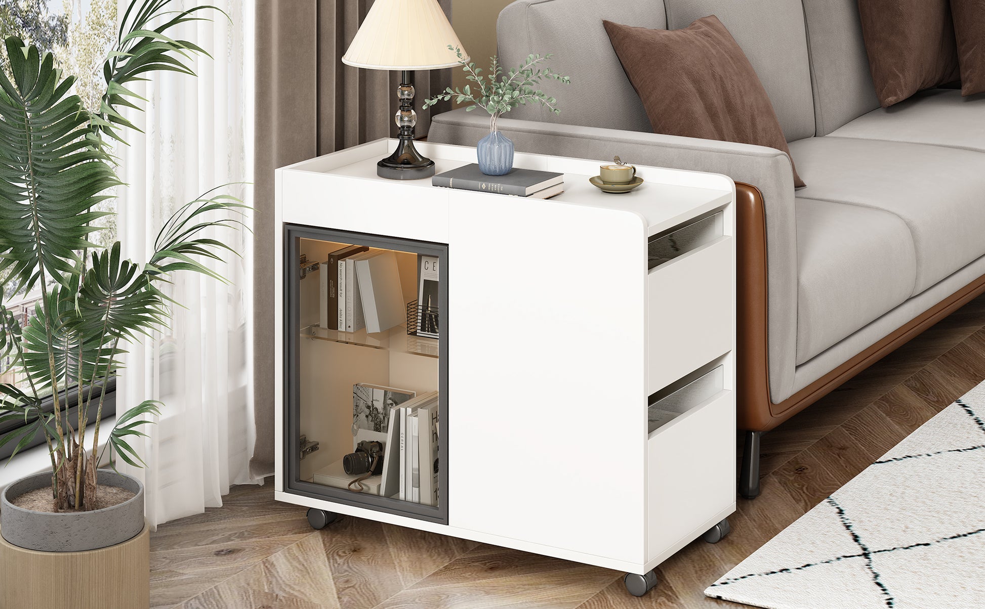 Modern End Table With Led Light And Wheels, Side Table With Transparent Brown Glass Door, 2 Storage Shelves And Drawers For Living Room, White White Mdf