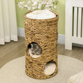 Pawhut Elevated Cat Bed With Three Hideaways & Four Soft Plush Cushions, Cat Tower With Hand Woven Materials, Multi Layer Raised Kitten Bed Caves Brown Steel