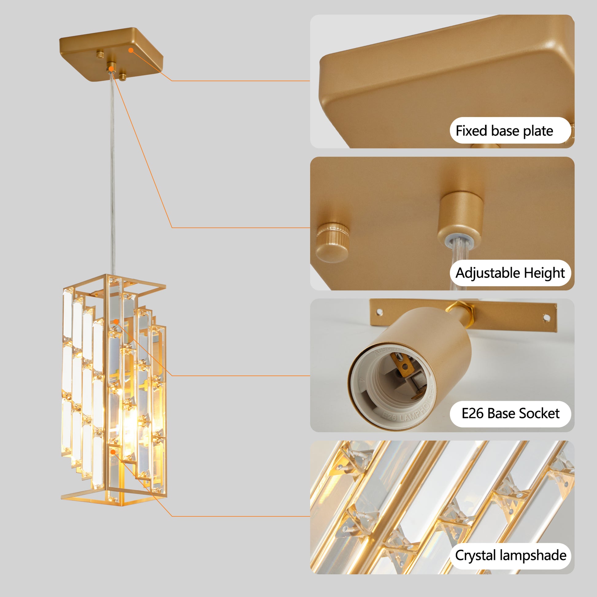 Modern Crystal Pendant Light 3 Pack, Adjustable Hanging Ceiling Lamp With Crystal Prism Design For Dining Room, Kitchen Island, And Living Room Golden Finish Golden Crystal,Iron