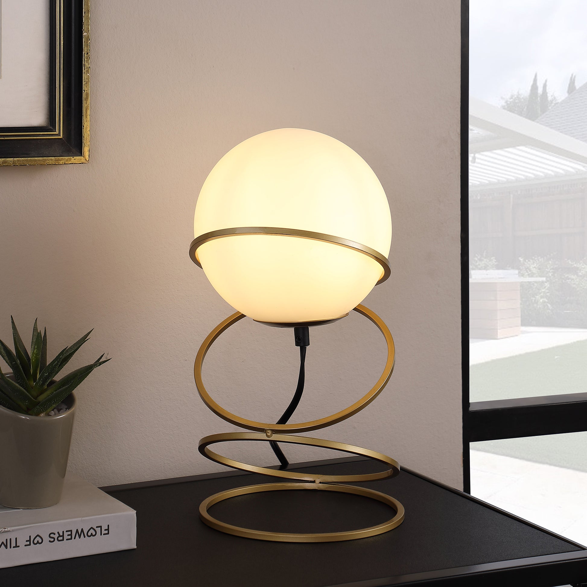 13.5" H Glass Globe Matte Gold Spiral 4 Ring Metal Stand Table Lamp For Living Room, Nightstand Bedside Table Lamp For Bedroom, Led Lamp Gold White Glass Metal