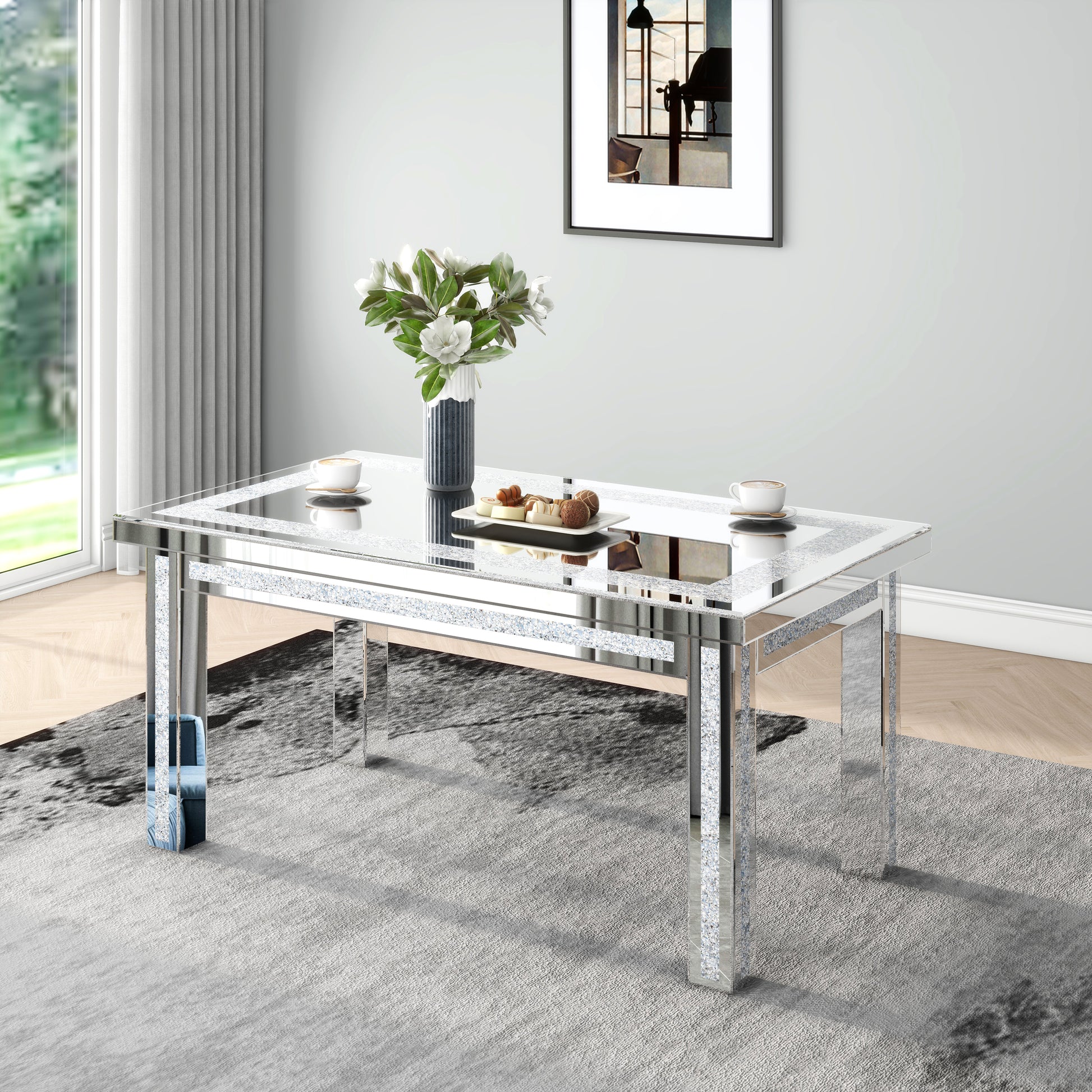 63" Glass Top Dining Table Crystal Diamond Inlay Silver Mirrored Finish Desk And Hutch Primary Living Space Modern Freestanding Rectangular Kitchen & Dining Tables Glossy Rectangular Mdf Glass