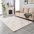 Luxury Machine Washable White Abstract Gold Gilded Chinchilla Faux Fur Area Rug White Gold Polyester